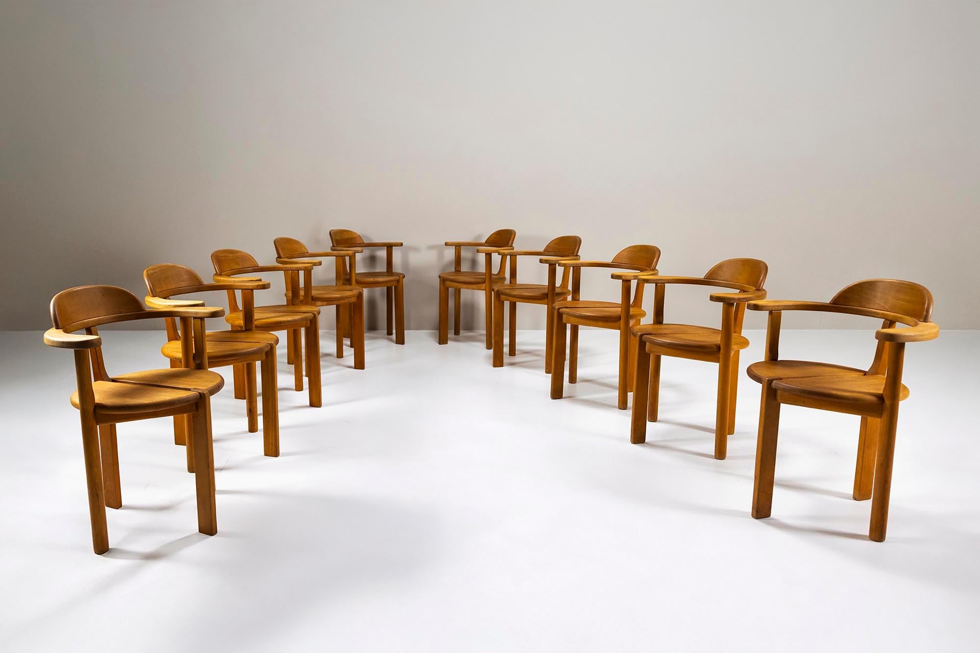 Mid-20th Century Ten Pinewood Dining Chairs in the Style of Daumiller, Austria 1960s