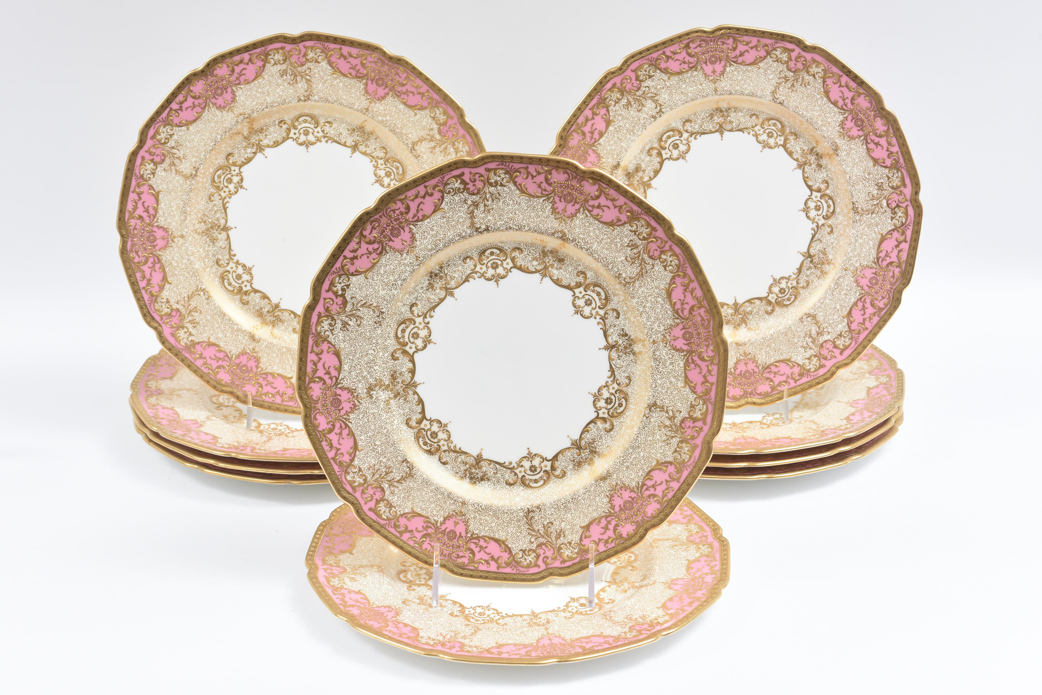 From one of our favorite Gilded Age manufacturers, Royal Doulton. This pretty pink set features a Classic Robert Allen shape with fine hand tooled gilding throughout its extensive and generous collar highlighted in a vibrant pink. No expense was