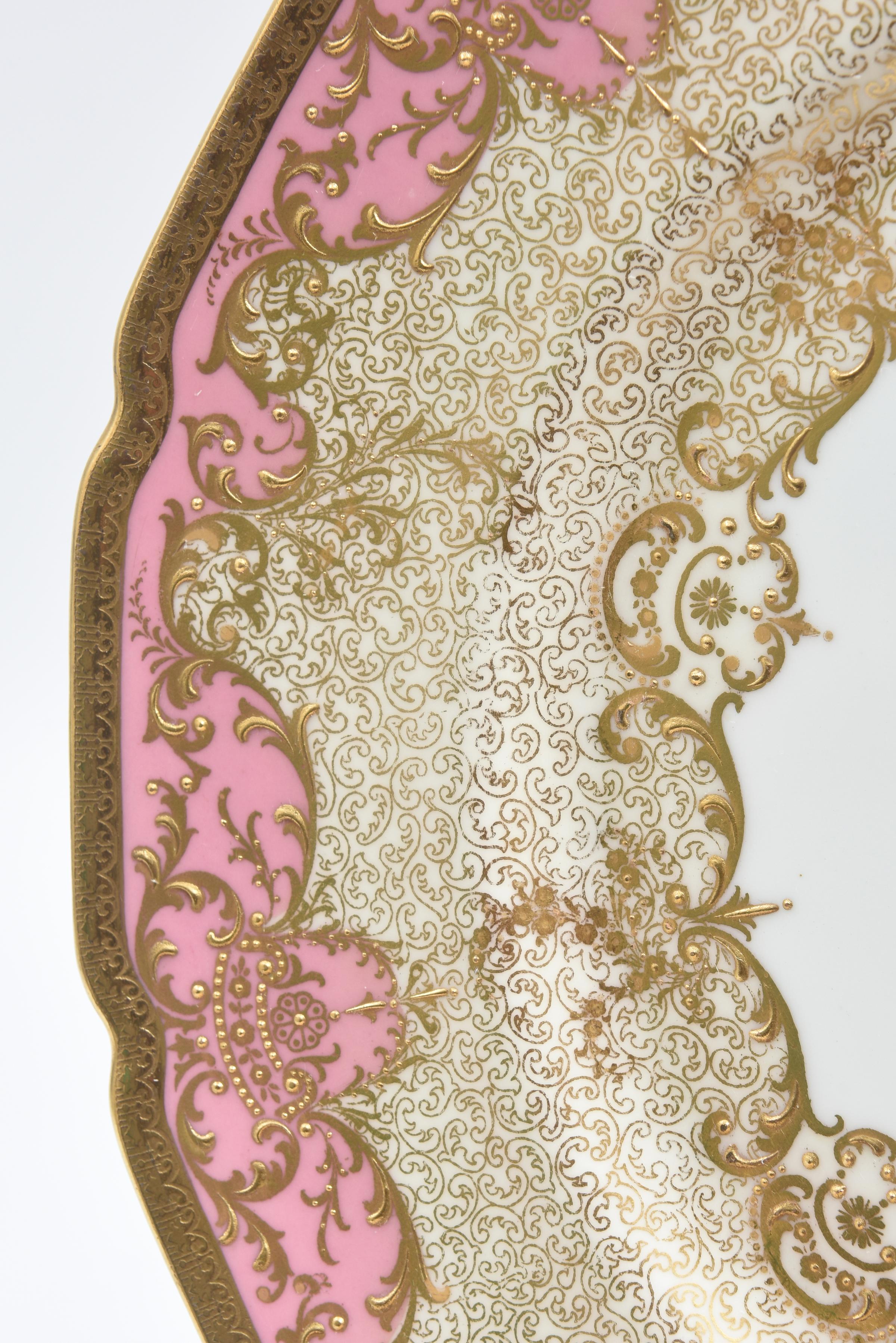 Rococo Ten Pink Gilt Encrusted Presentation or Dinner Plates Antique English circa 1910