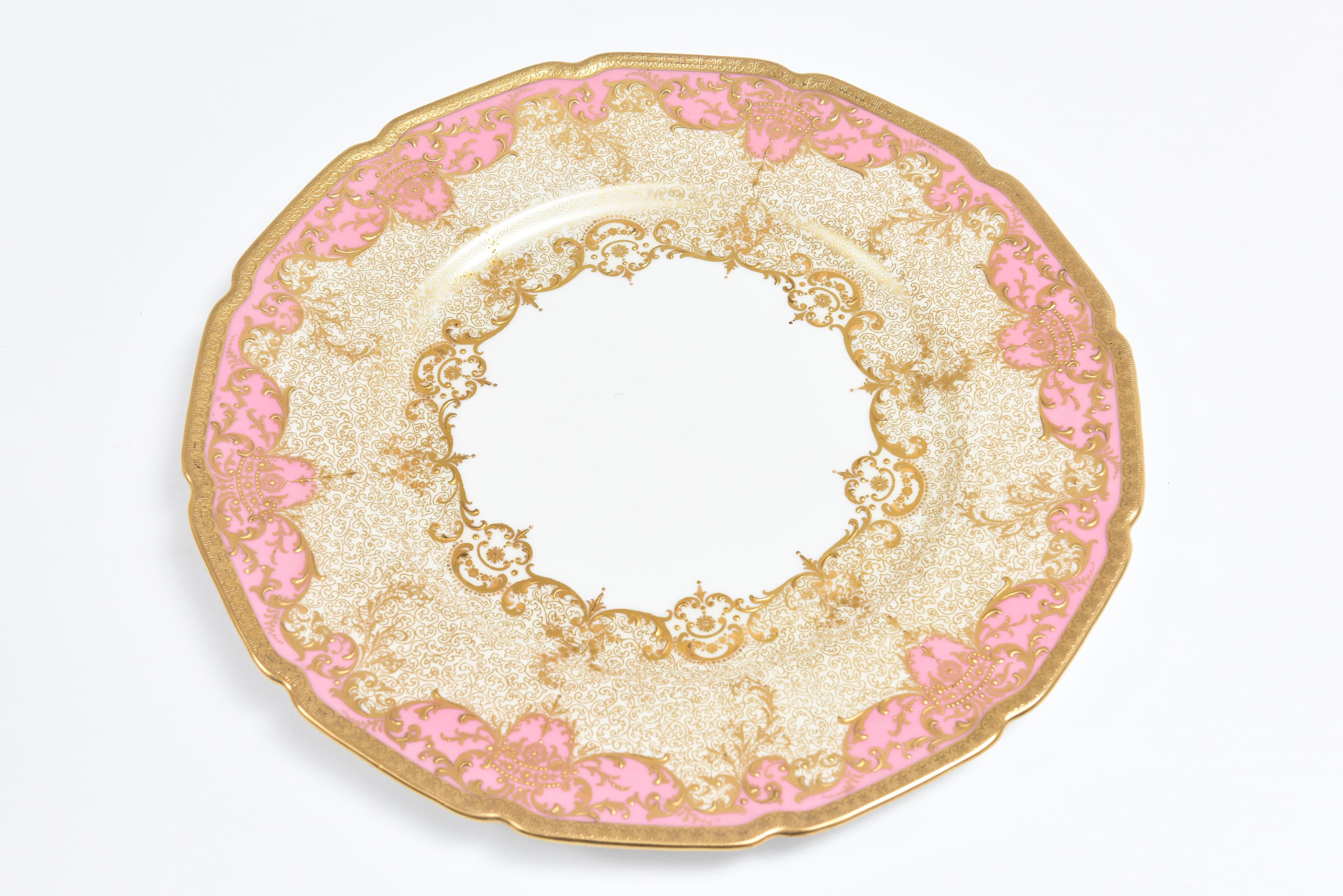 British Ten Pink Gilt Encrusted Presentation or Dinner Plates Antique English circa 1910