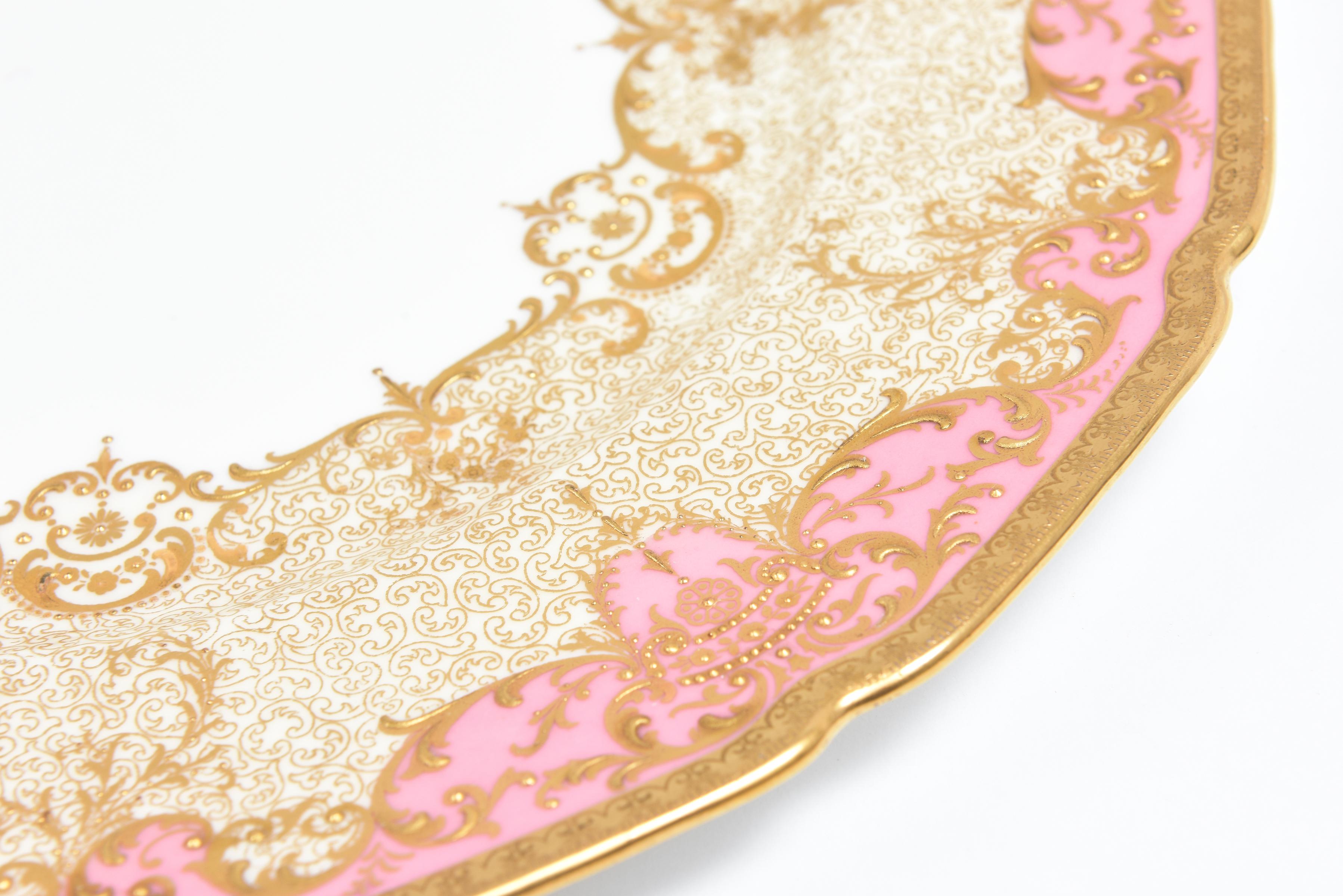 Hand-Crafted Ten Pink Gilt Encrusted Presentation or Dinner Plates Antique English circa 1910