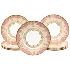 Ten Pink Gilt Encrusted Presentation or Dinner Plates Antique English circa 1910