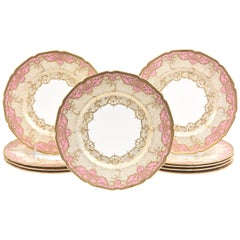 Ten Pink Gilt Encrusted Presentation or Dinner Plates Used English circa 1910