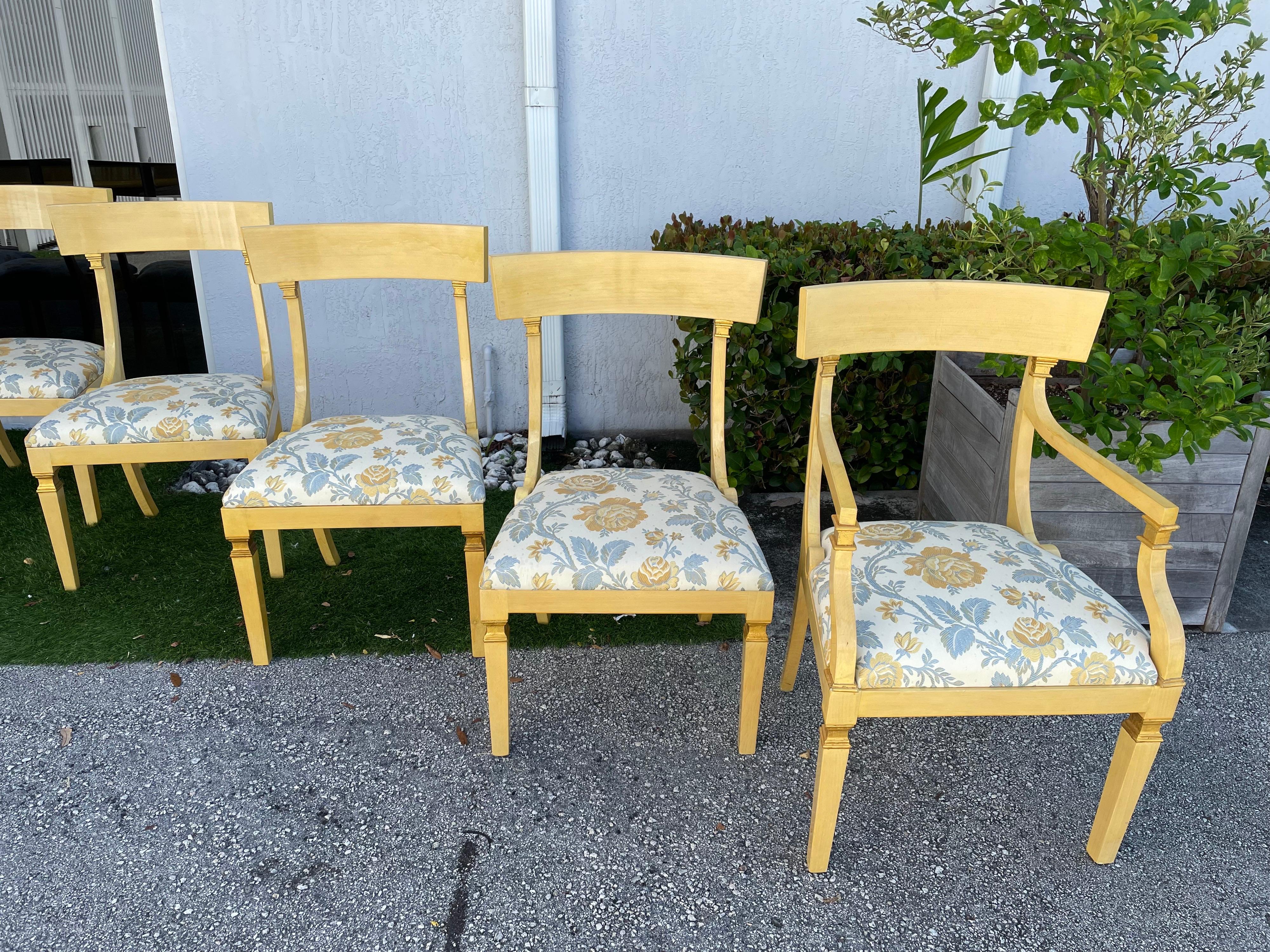 These chairs are very stylish.. Its very nice to find a set of 10. They are all sturdy but they do need new fabric and the painted finish has some paint loss.