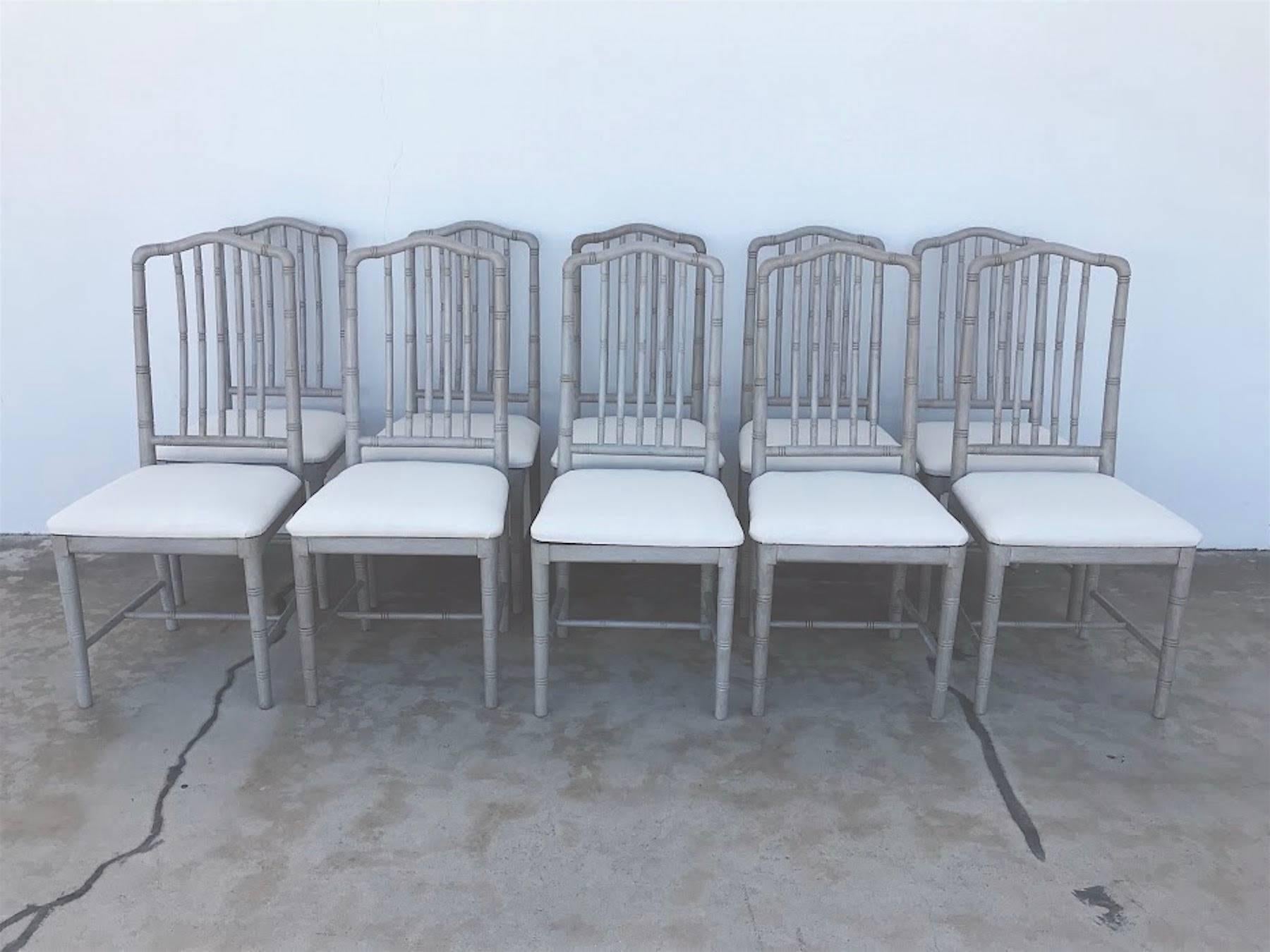 Ten Regency Style Gray Painted Faux Bamboo Dining Chairs 7