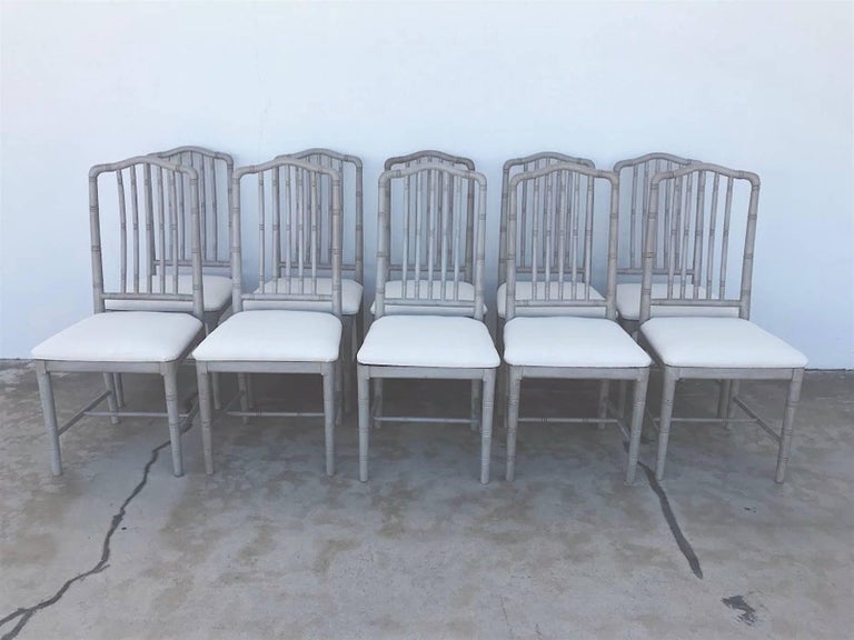 Ten Regency Style Gray Painted Faux Bamboo Dining Chairs For Sale at