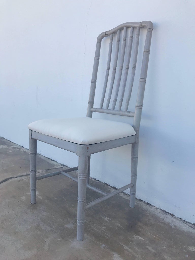 Ten Regency Style Gray Painted Faux Bamboo Dining Chairs For Sale at