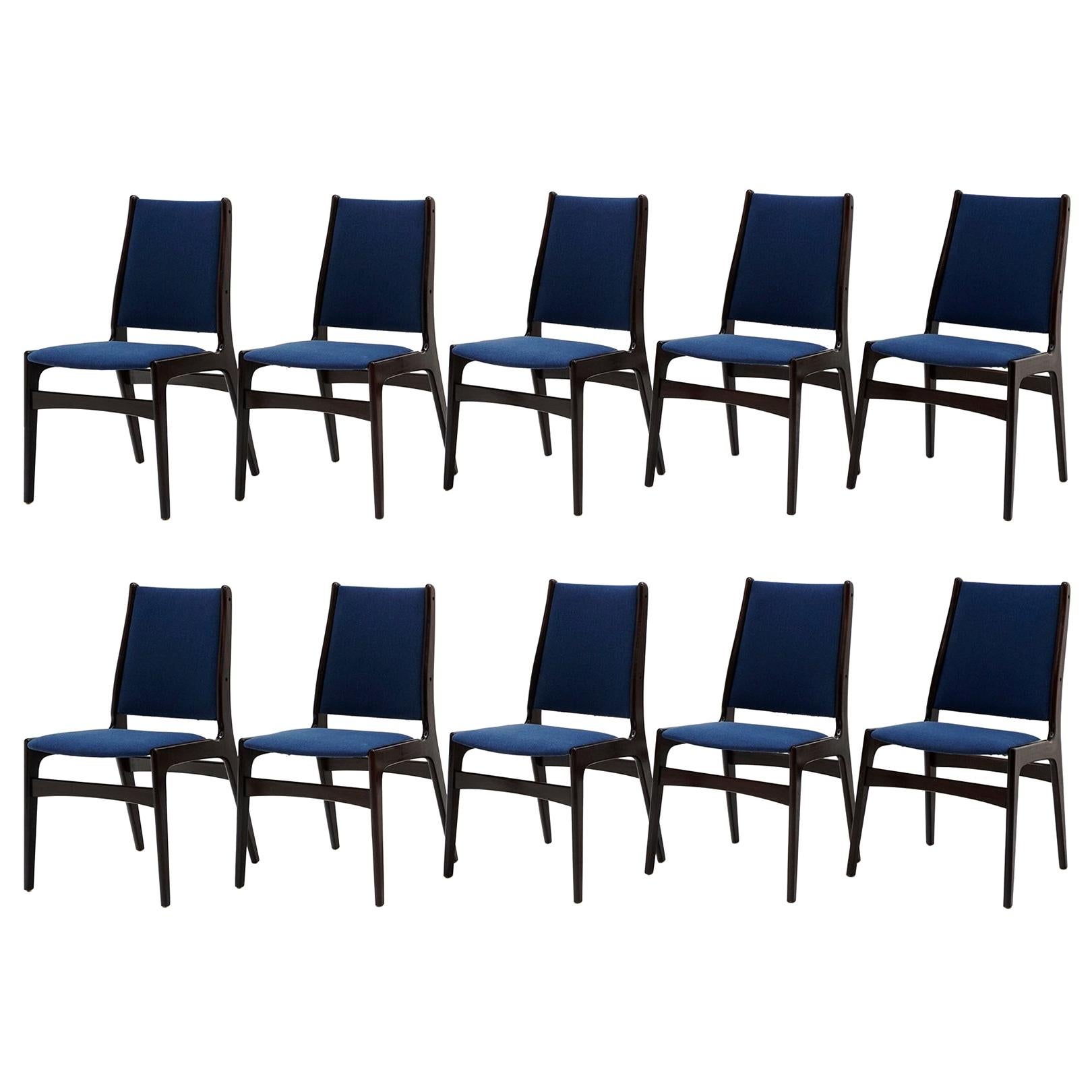 Ten Rosewood Danish Modern Dining Chairs, Blue Fabric, Labels on Several Chairs For Sale