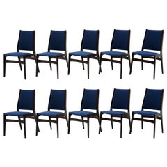 Used Ten Rosewood Danish Modern Dining Chairs, Blue Fabric, Labels on Several Chairs