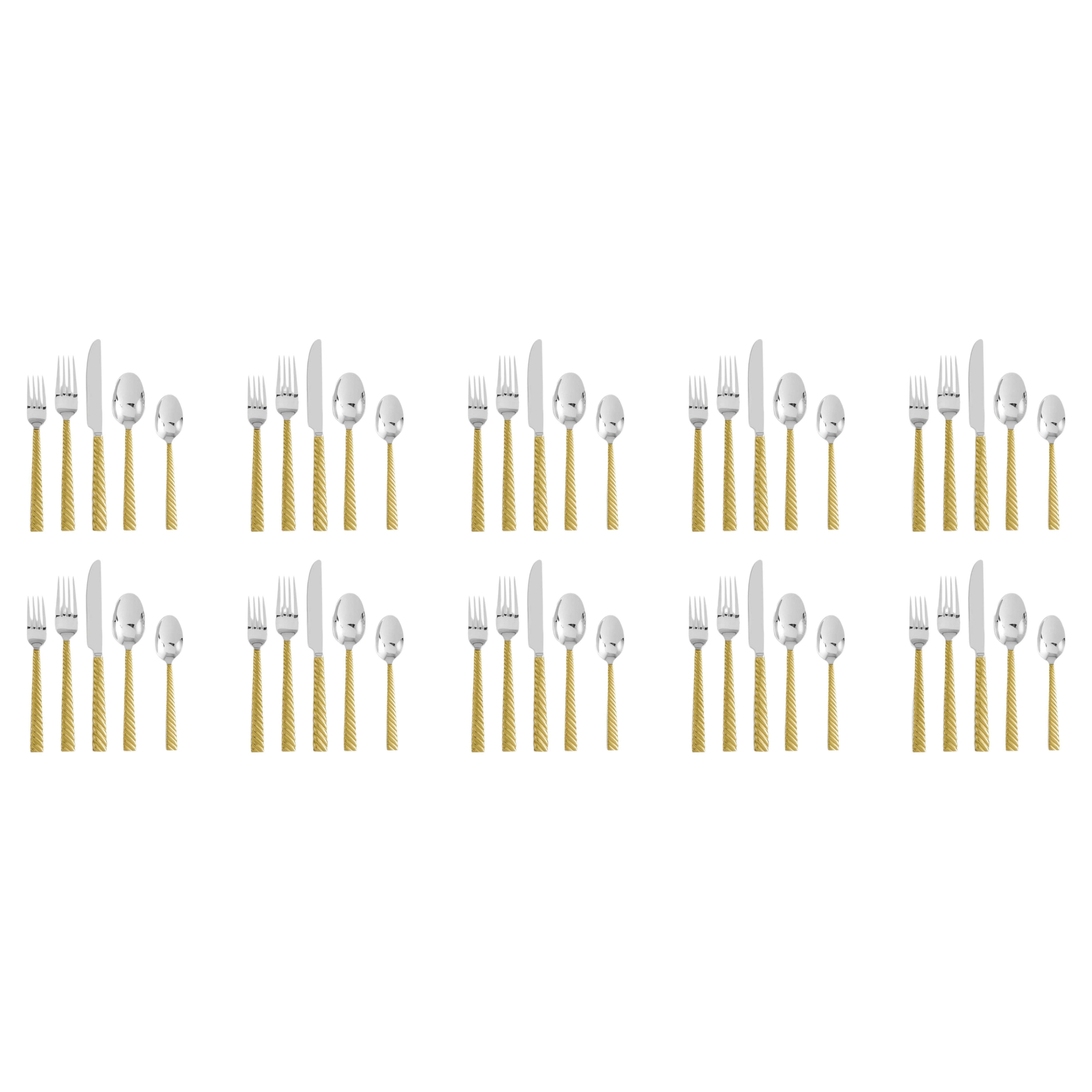 Ten Set of 5-Piece Contemporary Gold Stainless Steel Twist-Handle Flatware For Sale