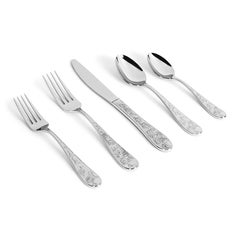 Ten Set of 5-Piece Contemporary Silver Stainless Steel Floral Flatware (couverts contemporains en acier inoxydable argenté)