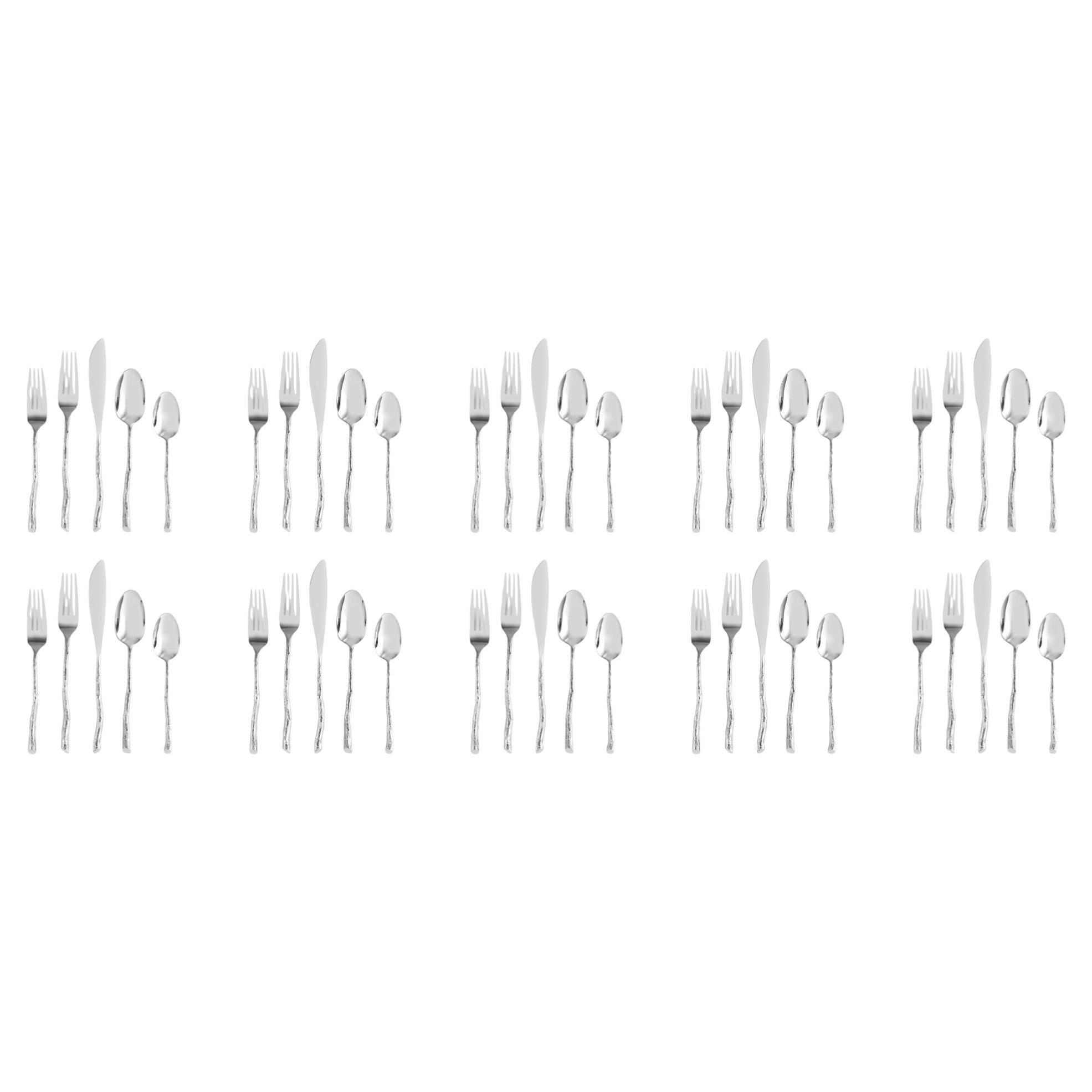 Ten Set of 5-Piece Contemporary Silver Stainless Steel Twig Flatware