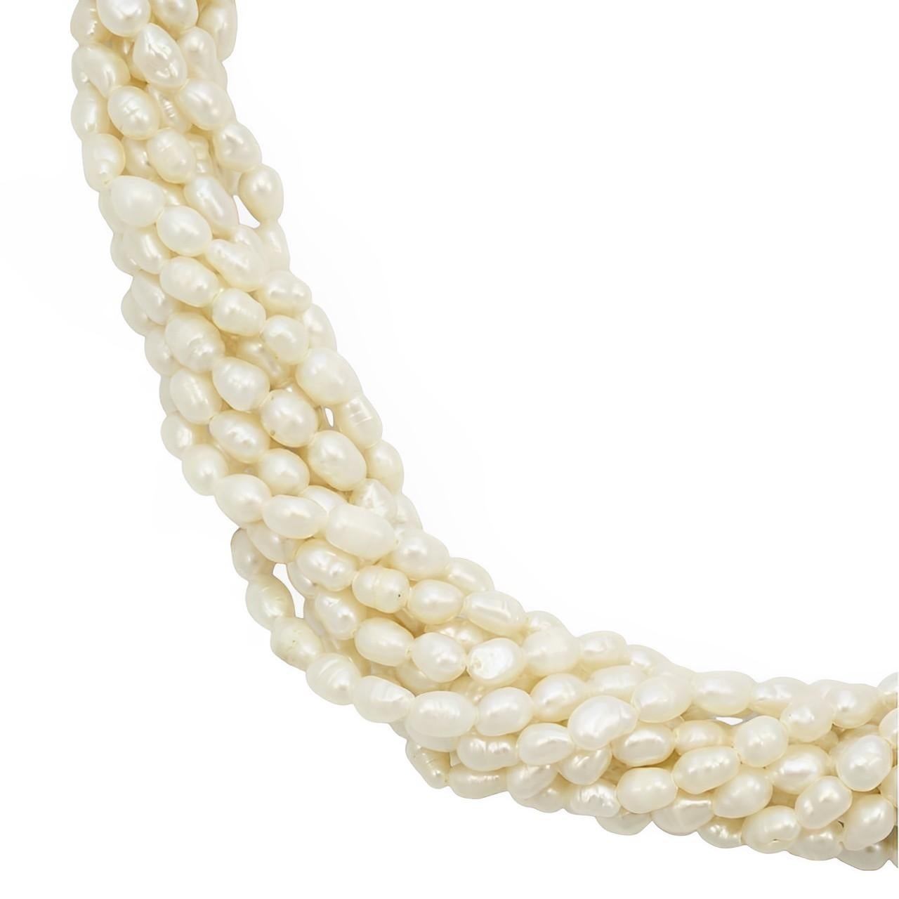 Collier de perles de riz baroque à dix brins Fermoir en fausse perle plaqué or circa 1970 en vente 4