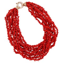 Retro Ten Strand Coral Branch Beaded Statement Necklace With Sterling Silver Hardware