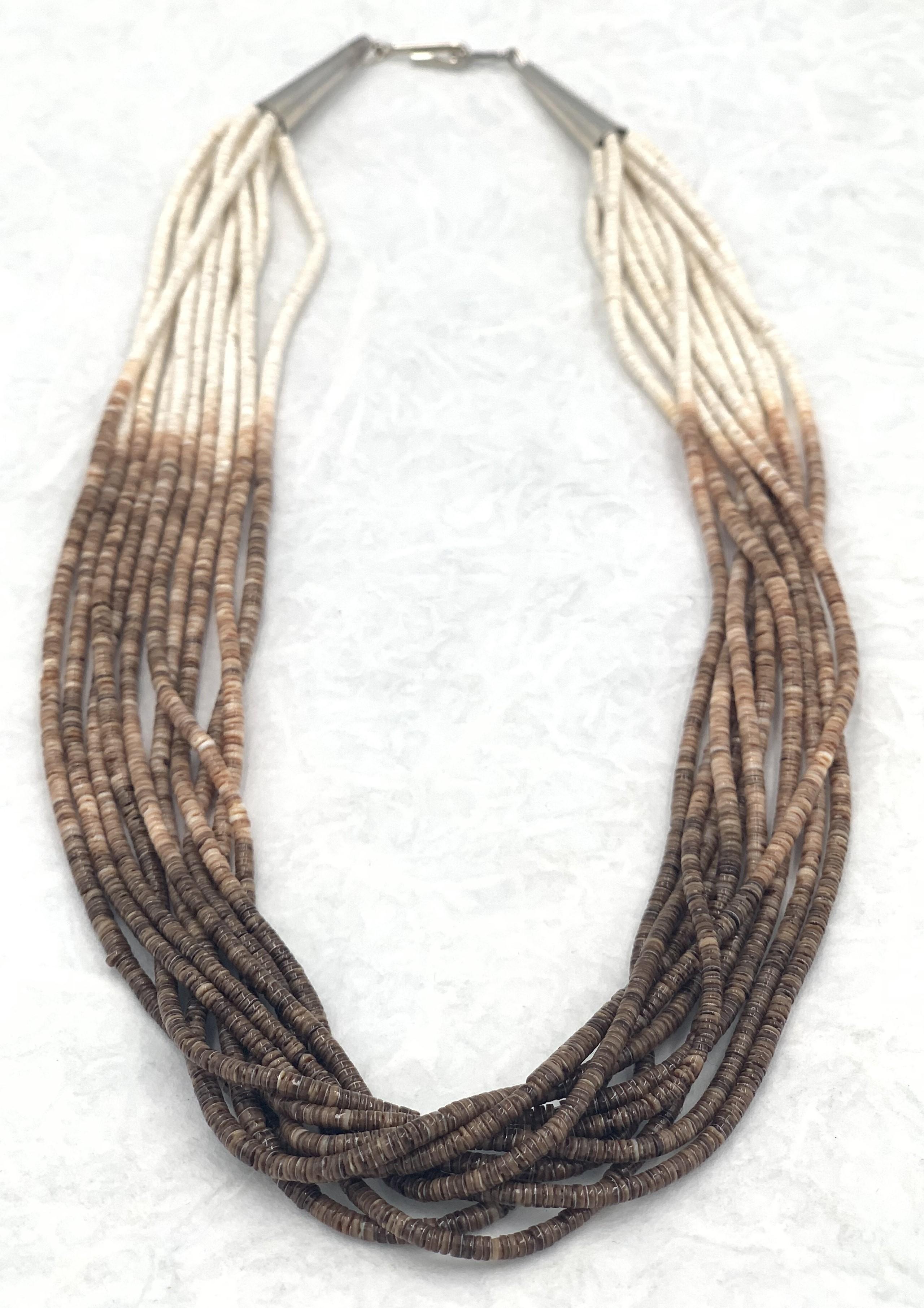 Santo Domingo Pueblo 10 Strands Ombre White & Brown Heishi Shell Necklace 2