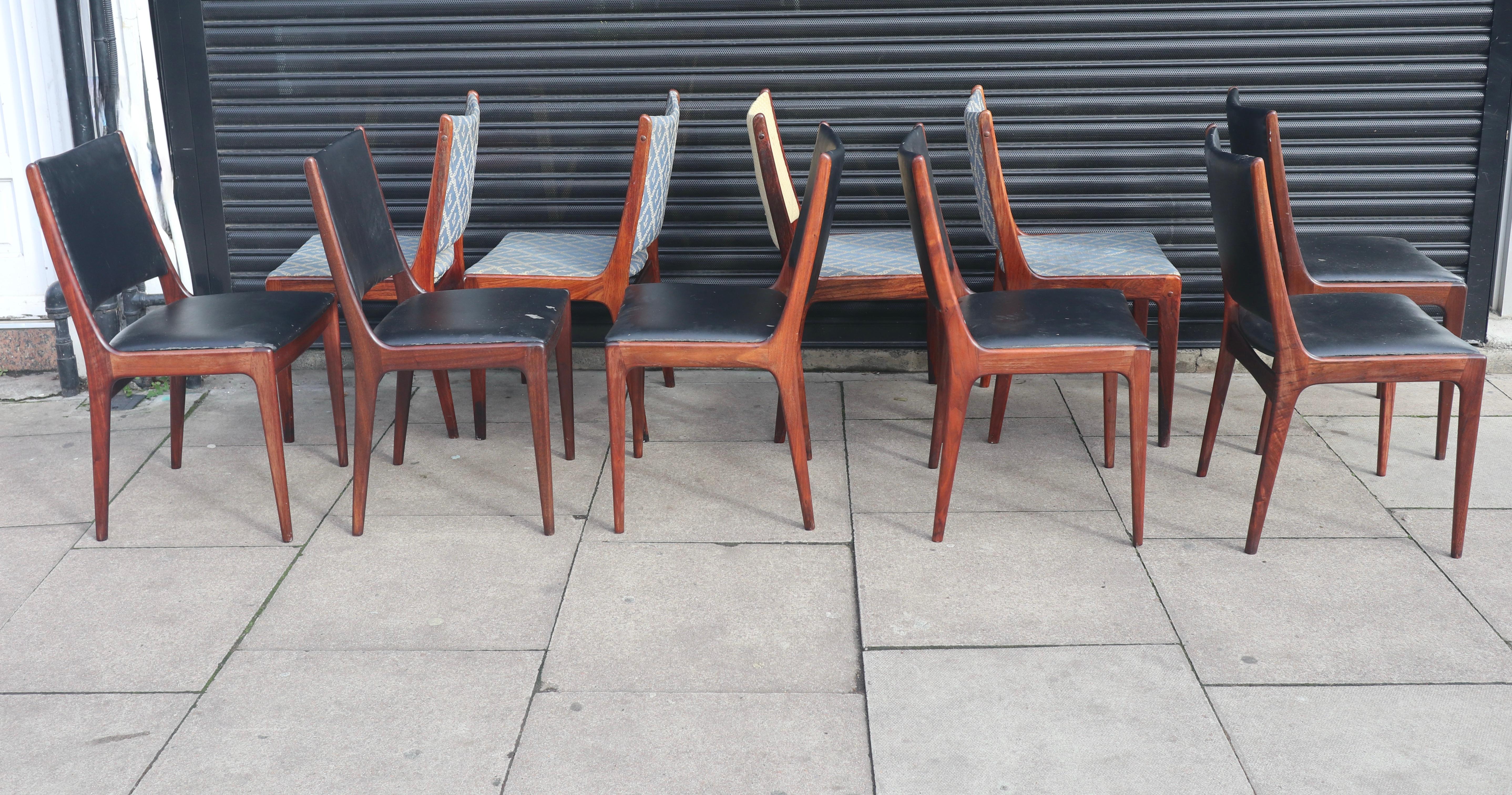 Ten vintage 1960s Teak framed dining chairs by Johannes Andersen for Uldum Møbelfabrik. The chairs have original and worn upholstery and are in need of recovering. The teak frames are in good vintage condition, and will be waxed and polished, prior