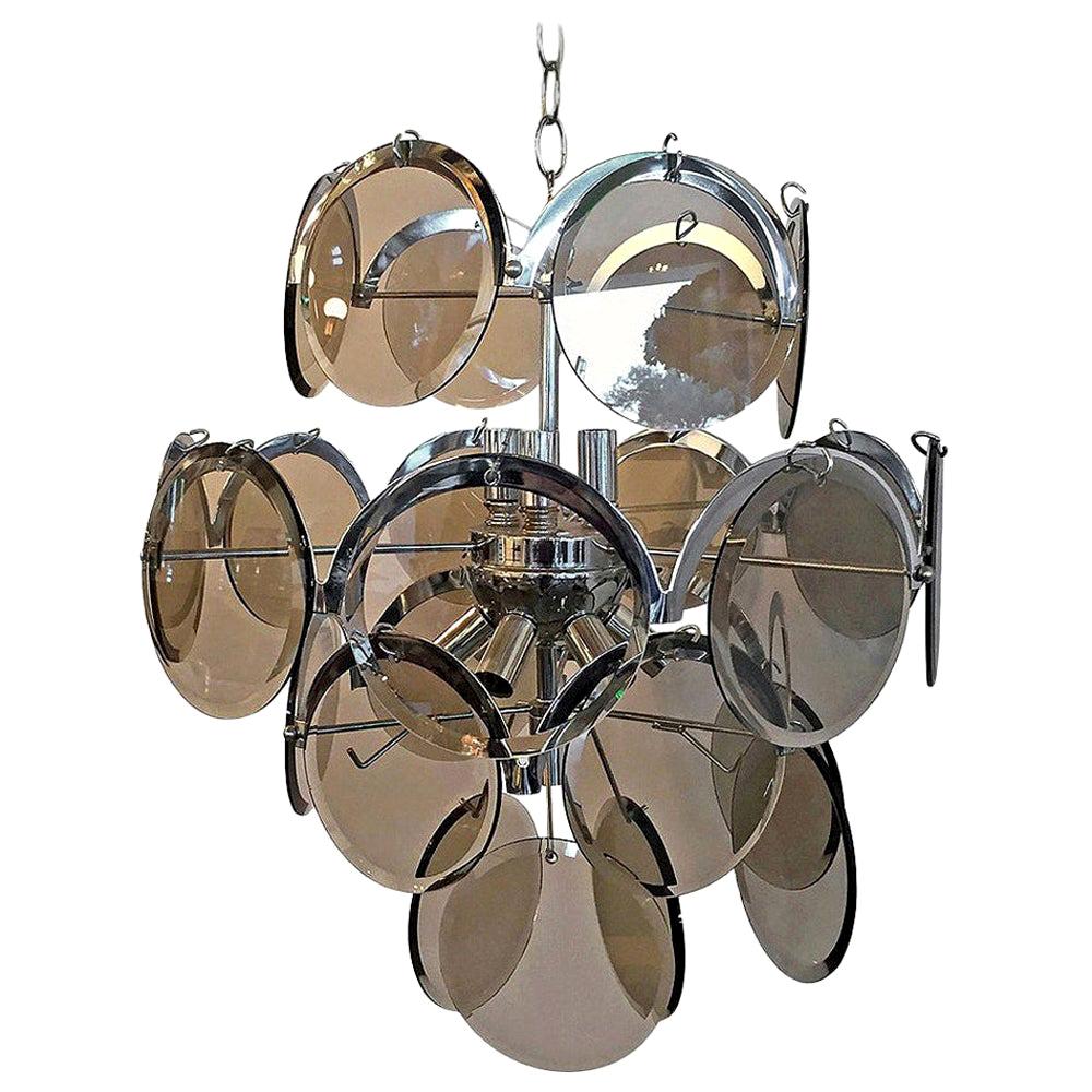Ten Torchère Multi Smoked Beveled Glass Discs and Chrome Plate Frame Chandelier For Sale