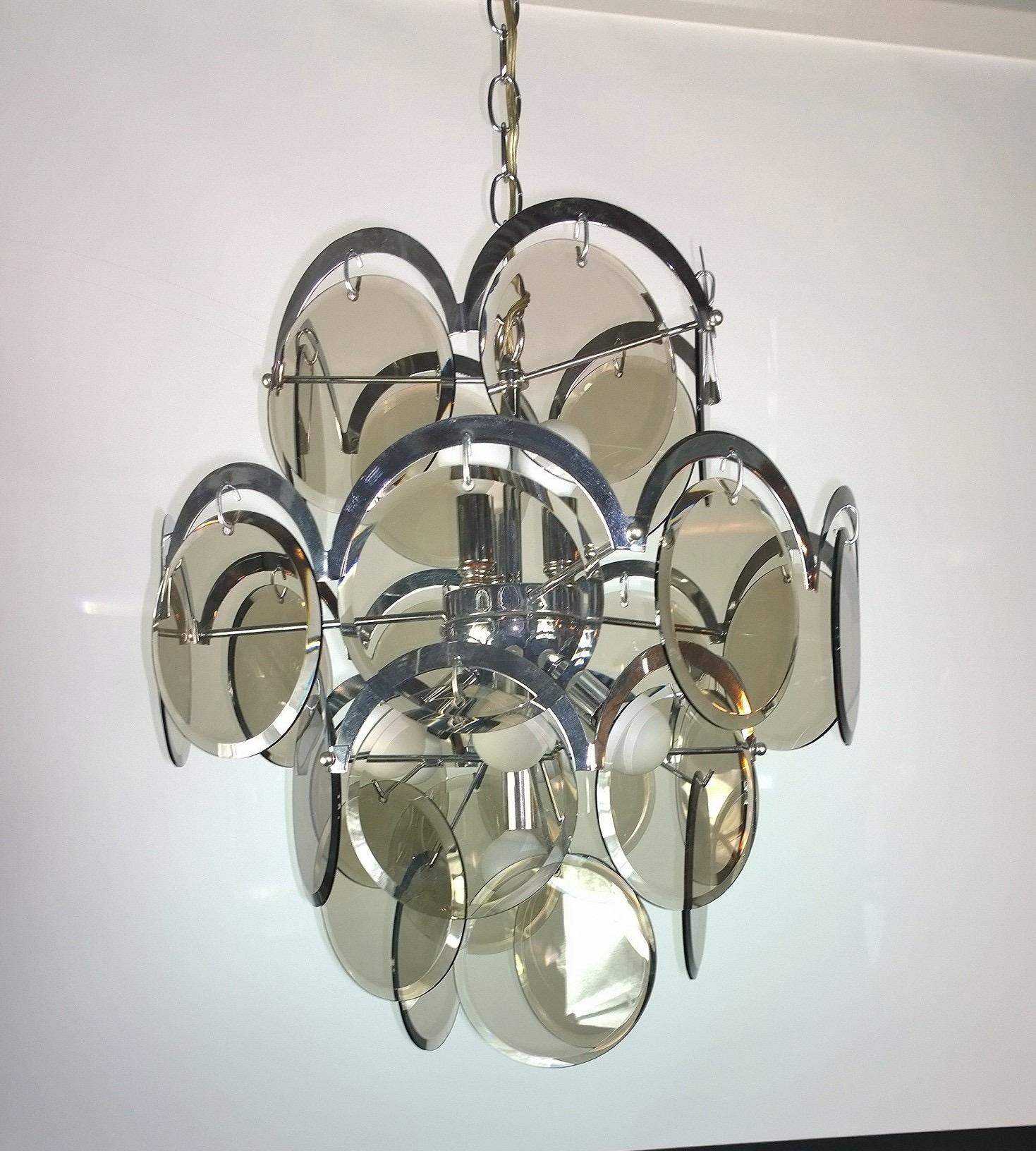 Ten Torchère Multi Smoked Beveled Glass Discs and Chrome Plate Frame Chandelier For Sale 3