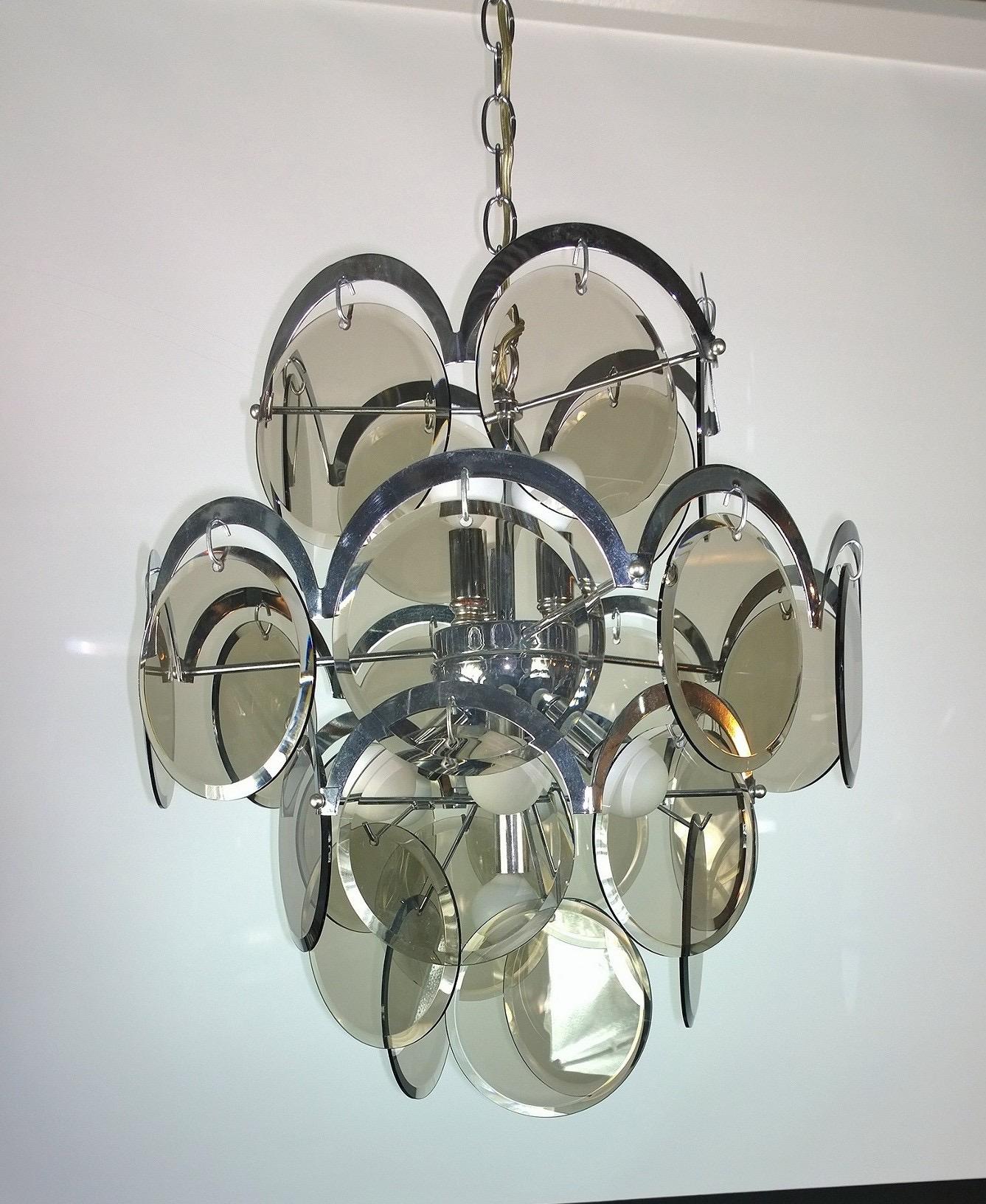 Ten Torchère Multi Smoked Beveled Glass Discs and Chrome Plate Frame Chandelier For Sale 4