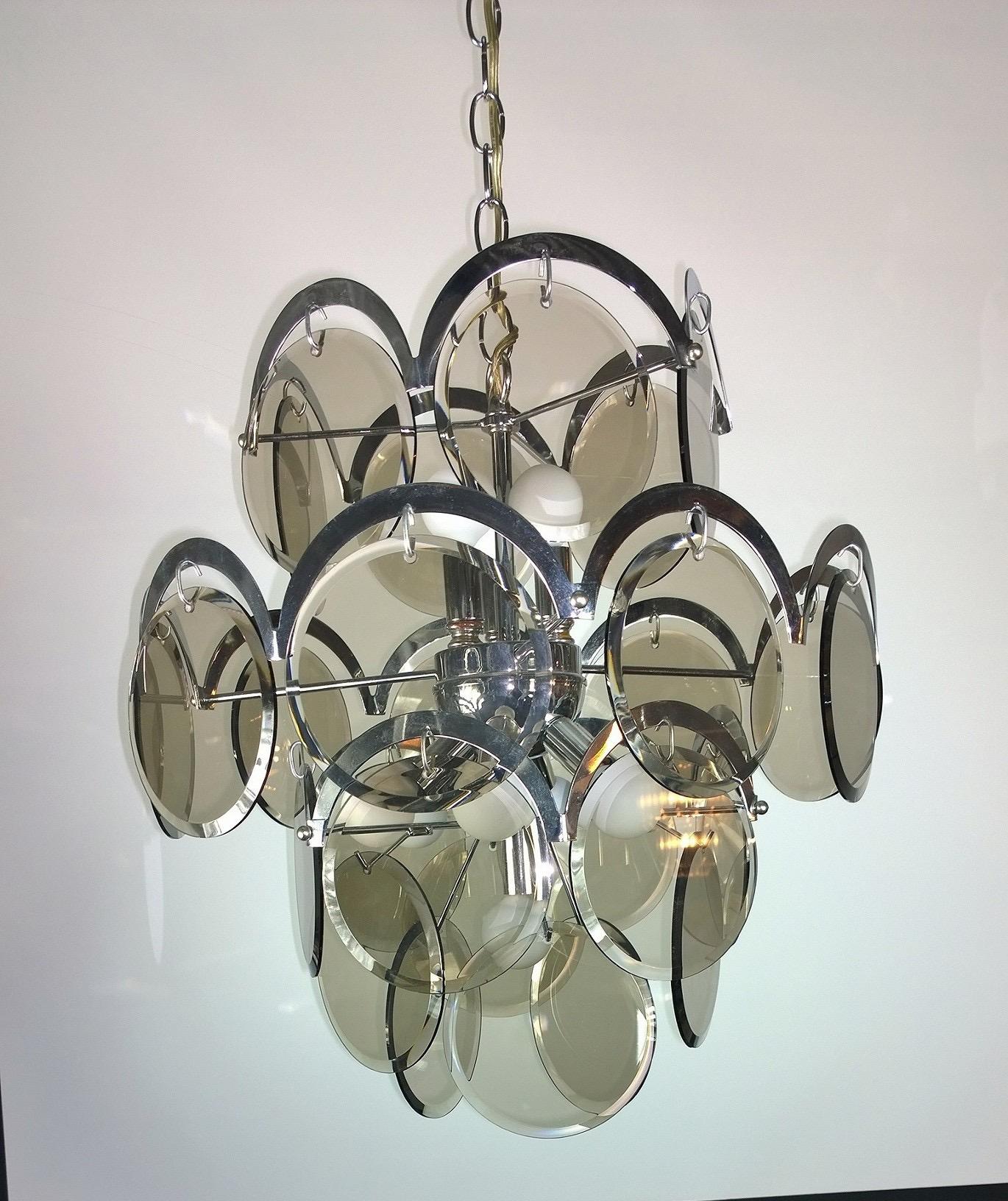 Ten Torchère Multi Smoked Beveled Glass Discs and Chrome Plate Frame Chandelier For Sale 5