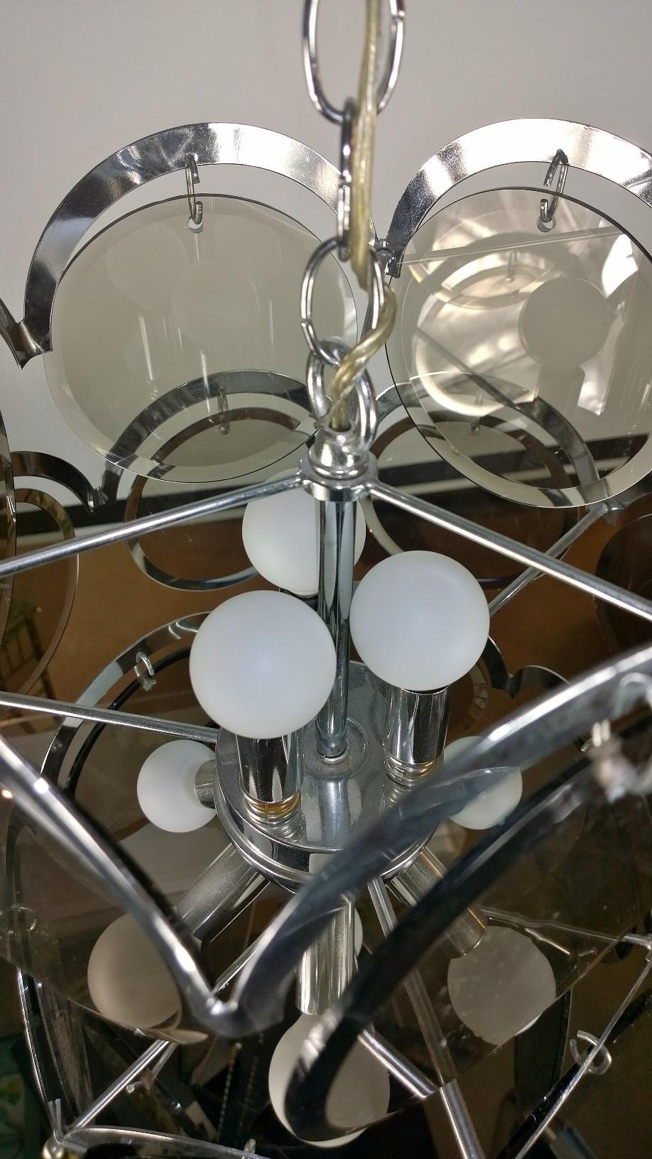 Ten Torchère Multi Smoked Beveled Glass Discs and Chrome Plate Frame Chandelier For Sale 8