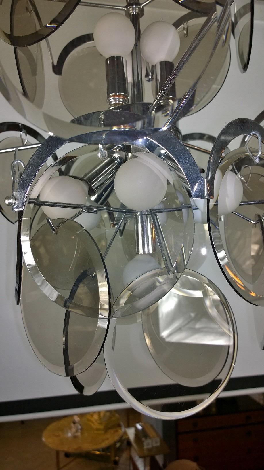 Ten Torchère Multi Smoked Beveled Glass Discs and Chrome Plate Frame Chandelier For Sale 12