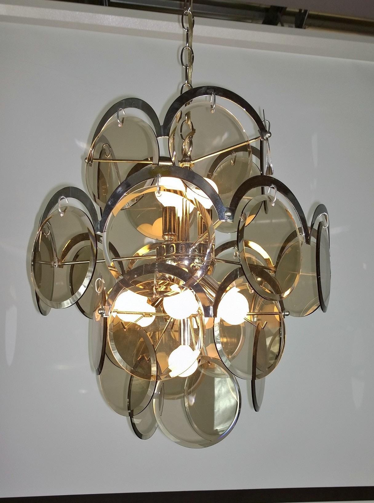 Ten Torchère Multi Smoked Beveled Glass Discs and Chrome Plate Frame Chandelier In Good Condition For Sale In Houston, TX