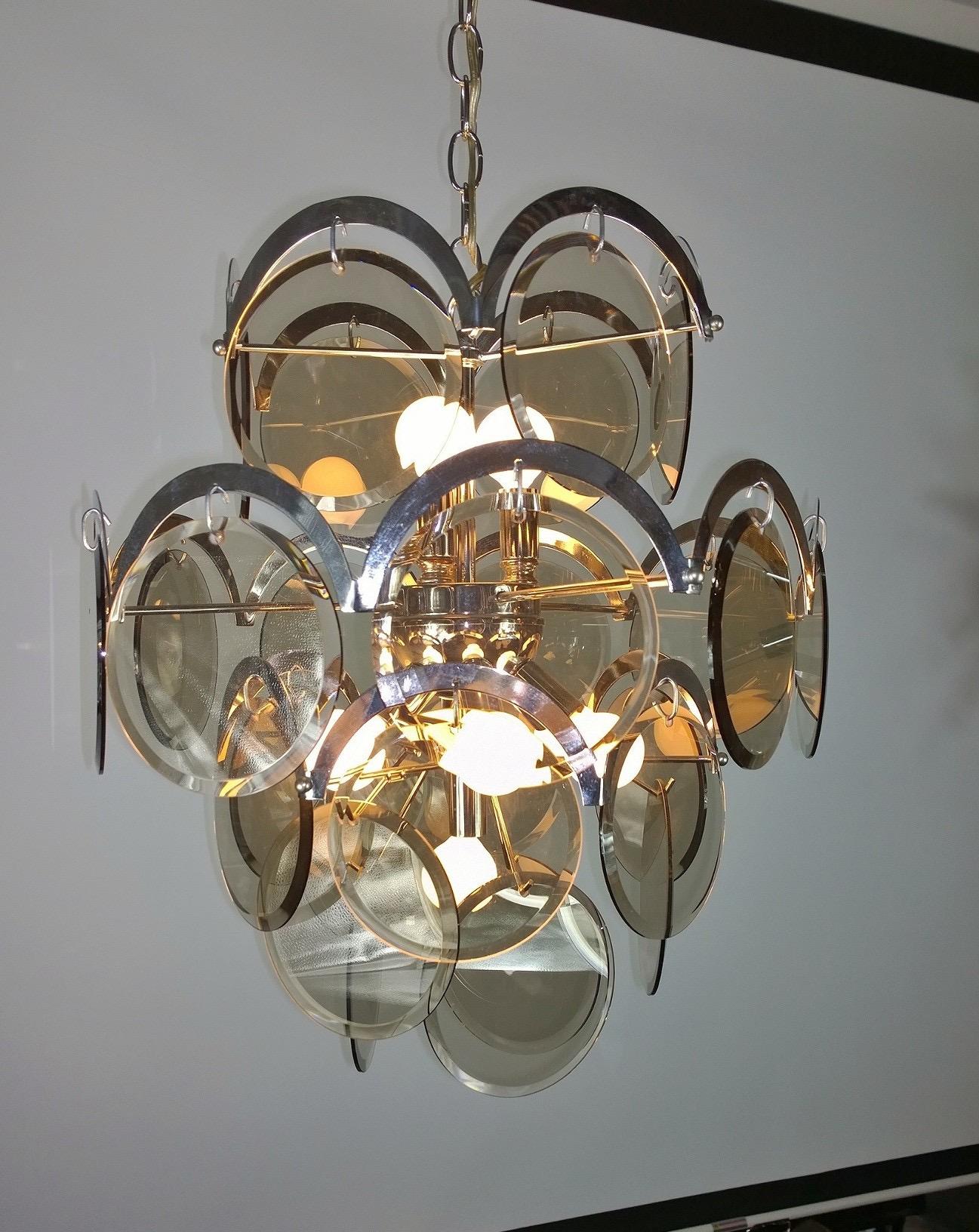 20th Century Ten Torchère Multi Smoked Beveled Glass Discs and Chrome Plate Frame Chandelier For Sale