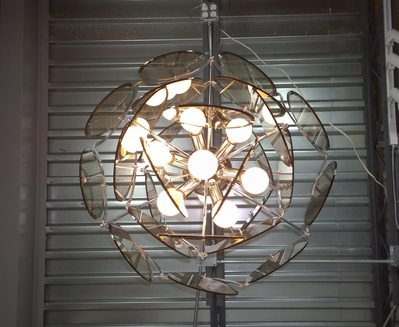 Smoked Glass Ten Torchère Multi Smoked Beveled Glass Discs and Chrome Plate Frame Chandelier For Sale