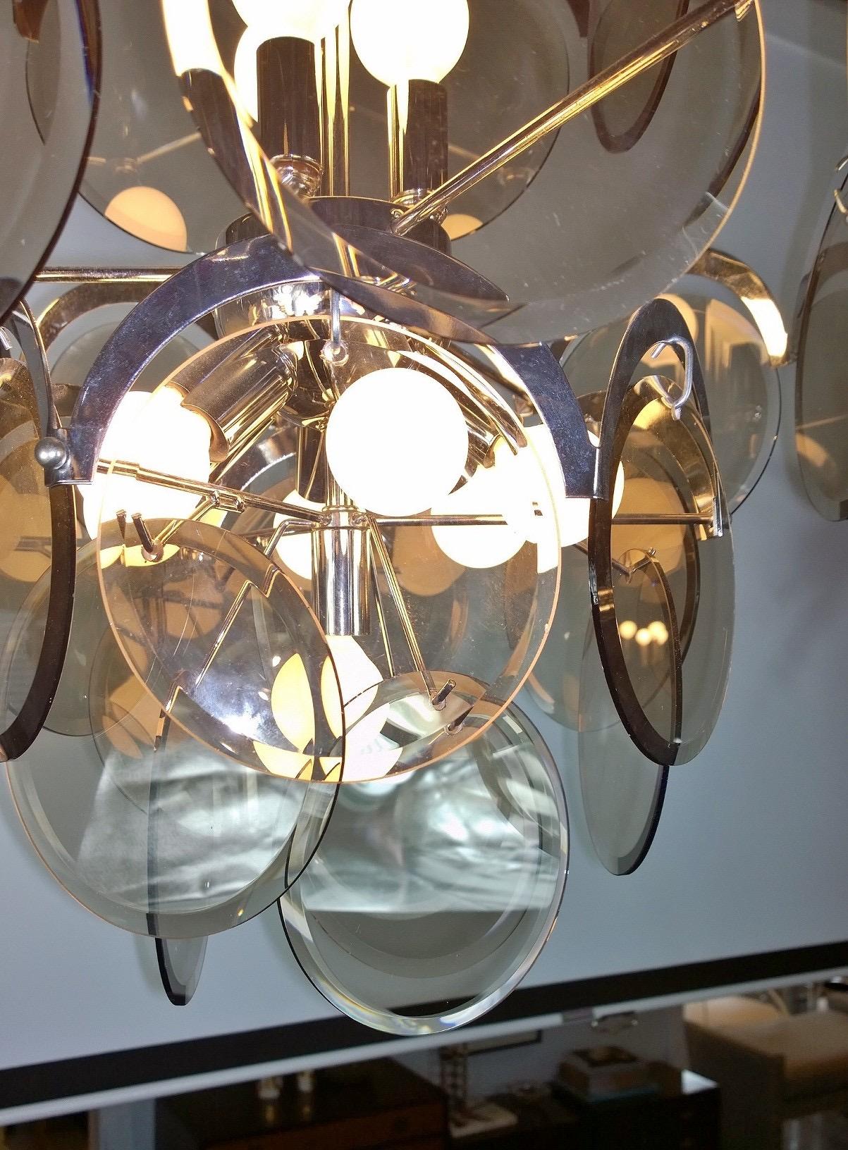 Ten Torchère Multi Smoked Beveled Glass Discs and Chrome Plate Frame Chandelier For Sale 2