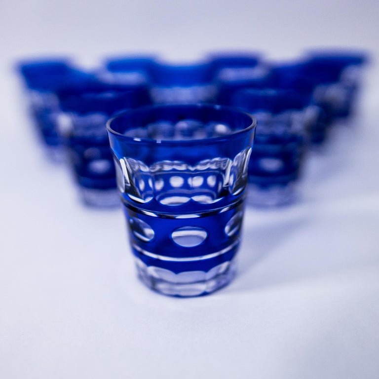 Hand-Crafted Ten Val St Lambert Cobalt Blue Cased Bar Glasses. Antique circa 1920's For Sale