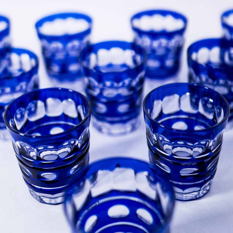 Ten Val St Lambert Cobalt Blue Cased Bar Glasses. Antique circa 1920's In Good Condition For Sale In West Palm Beach, FL