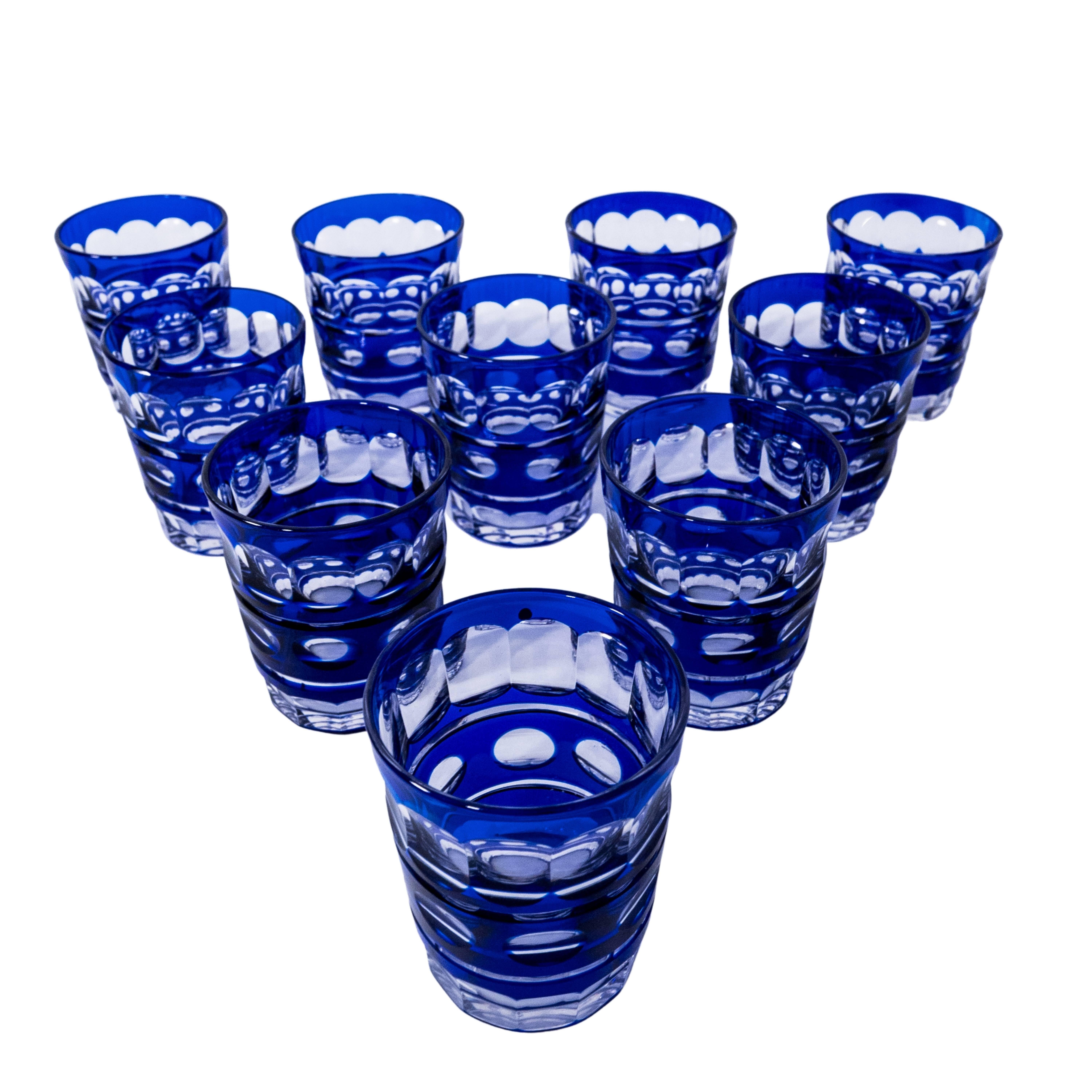 Ten Val St Lambert Cobalt Blue Cased Bar Glasses. Antique circa 1920's In Good Condition In West Palm Beach, FL