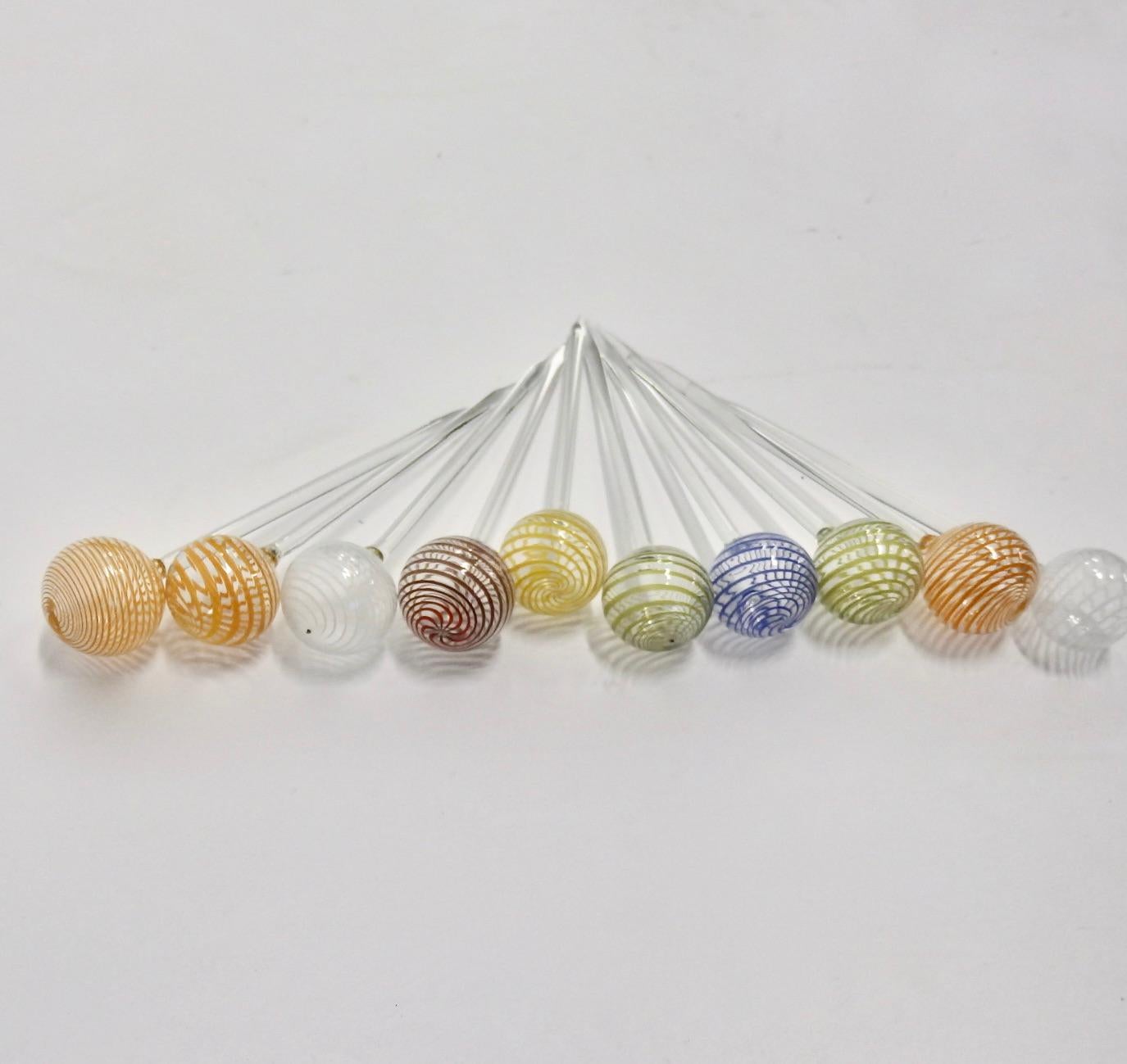 Set of ten Venini or Murano blown glass ball cocktail toothpicks.