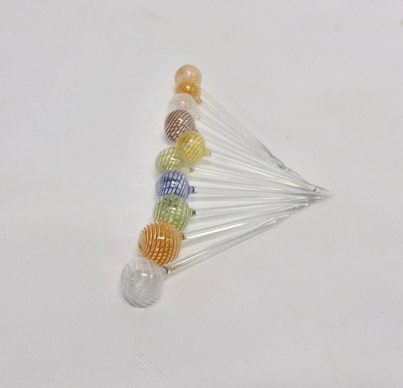 Mid-Century Modern Ten Venini Murano Italian Lattice Pattern Glass Ball Cocktail Toothpicks