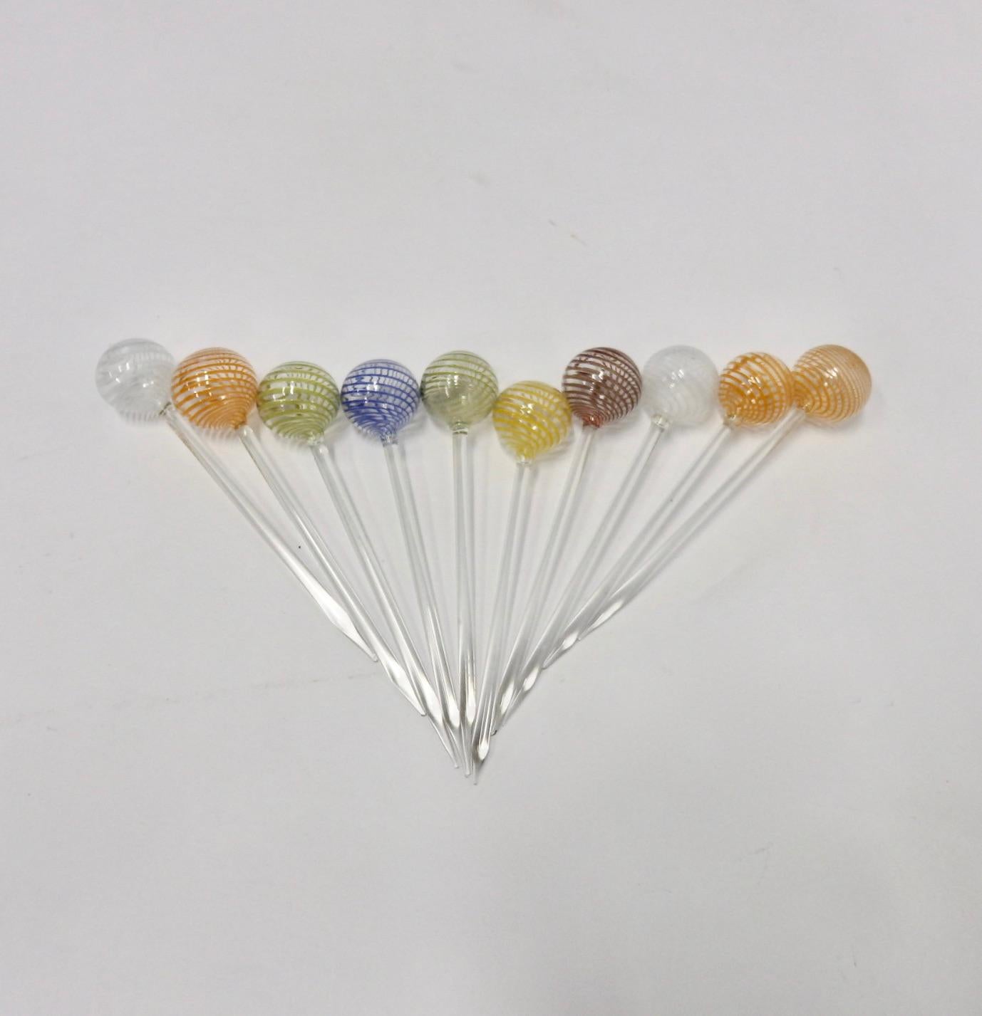 Blown Glass Ten Venini Murano Italian Lattice Pattern Glass Ball Cocktail Toothpicks