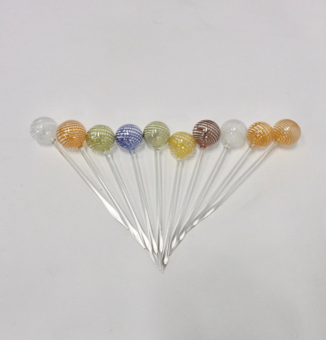 Ten Venini Murano Italian Lattice Pattern Glass Ball Cocktail Toothpicks 1