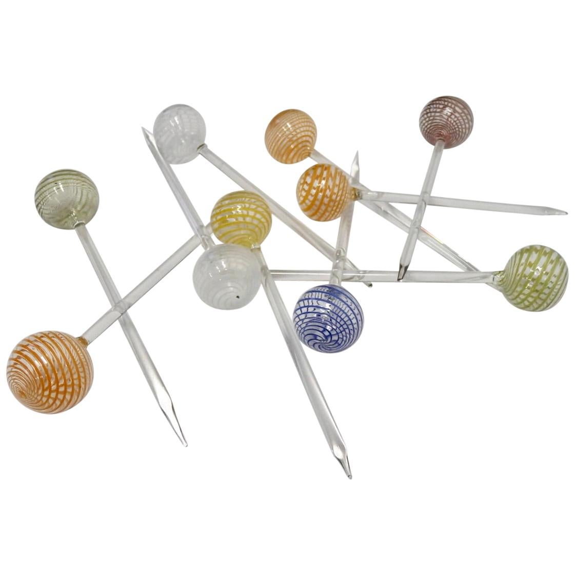 Ten Venini Murano Italian Lattice Pattern Glass Ball Cocktail Toothpicks