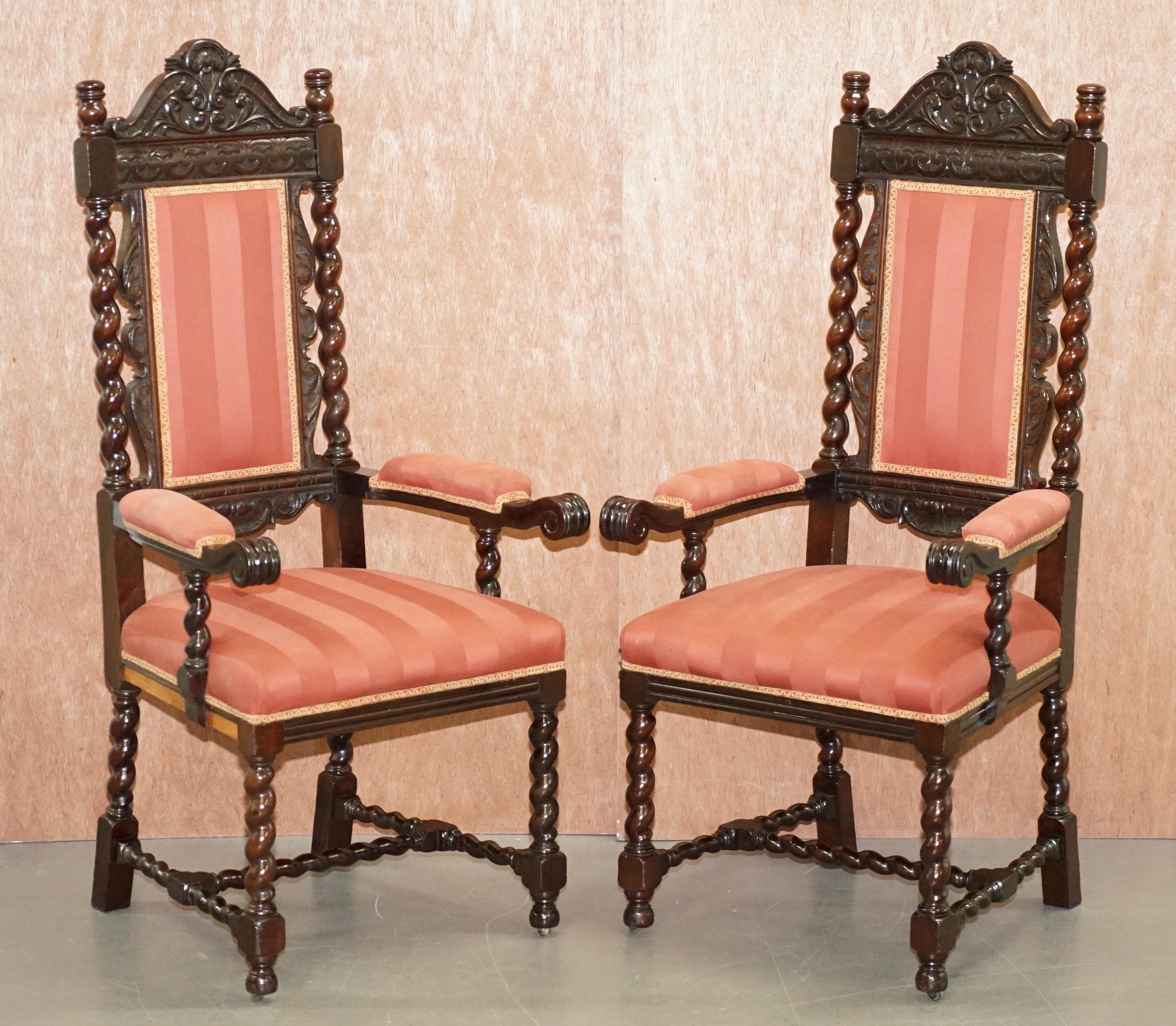 We are delighted to offer for sale this lovely suite of 10 original Victorian hand carved Gothic / Jacobean revival dining chairs

A very ornately carved suite of very grand dining chairs. The frames are barley twist all over, they each have the