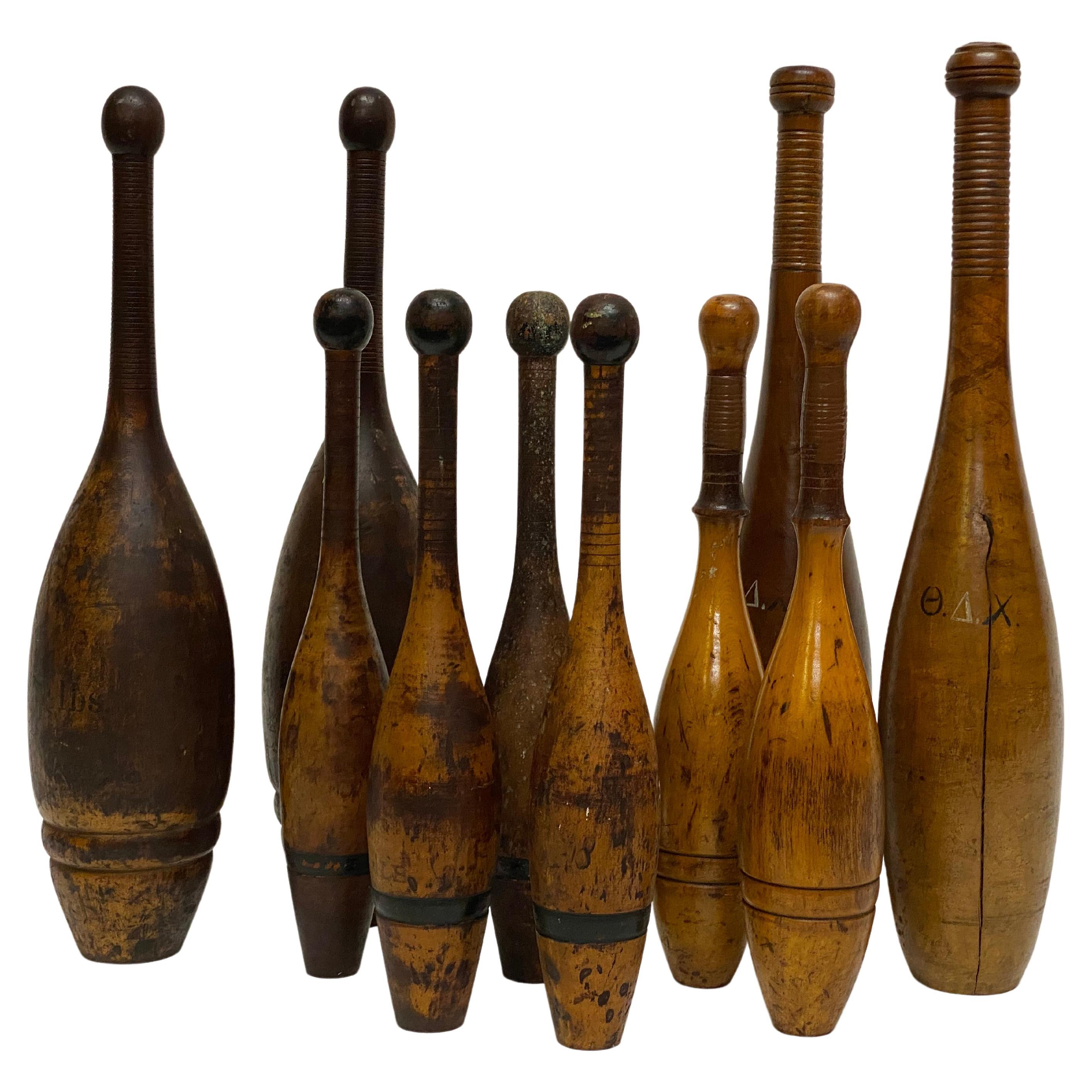 Ten Vintage Turned Wood Indian Clubs