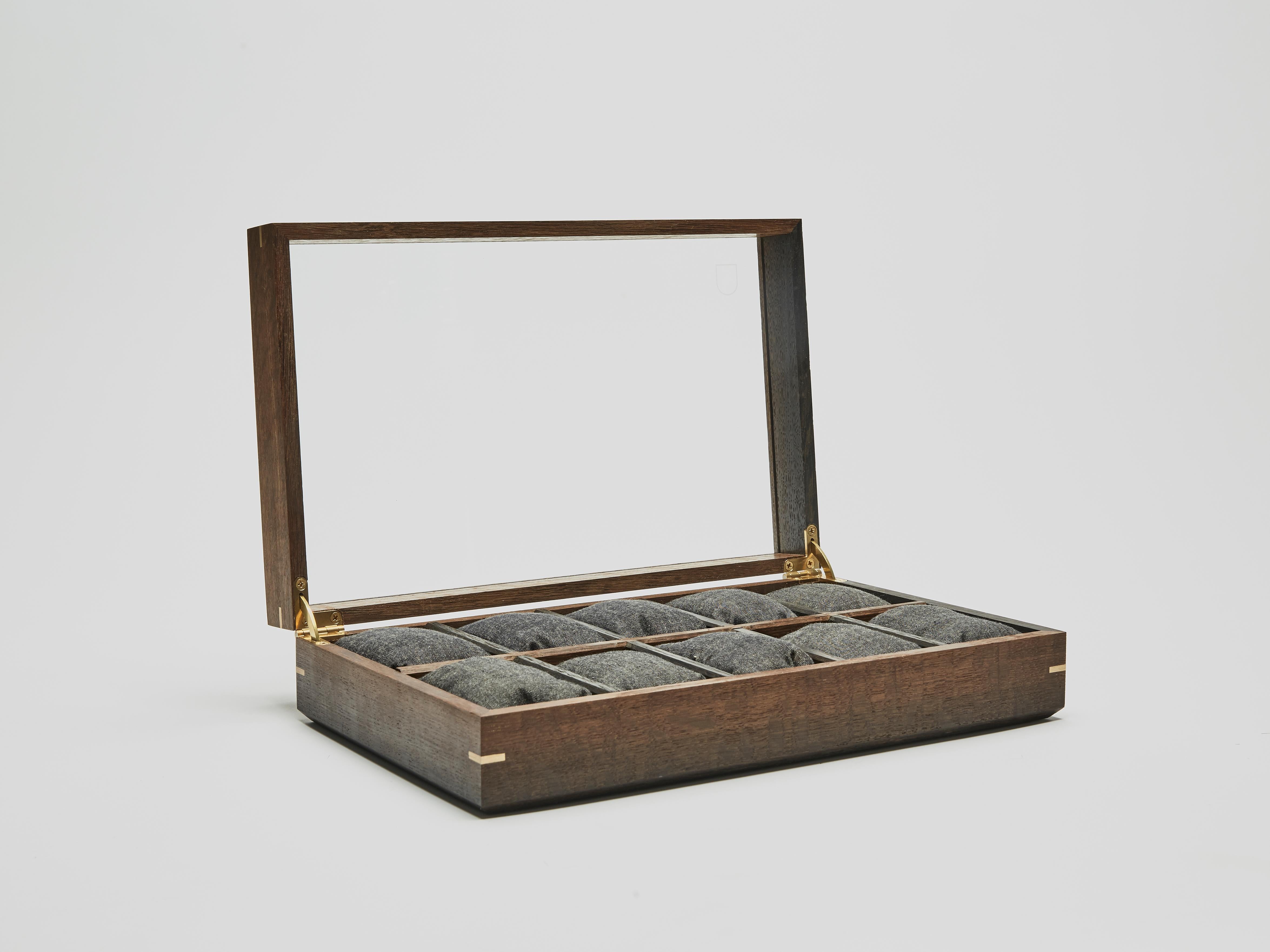 Minimalist Ten Watch Box Made from 3000-5000 Year-Old Bog-Oak, Brass Jointing For Sale