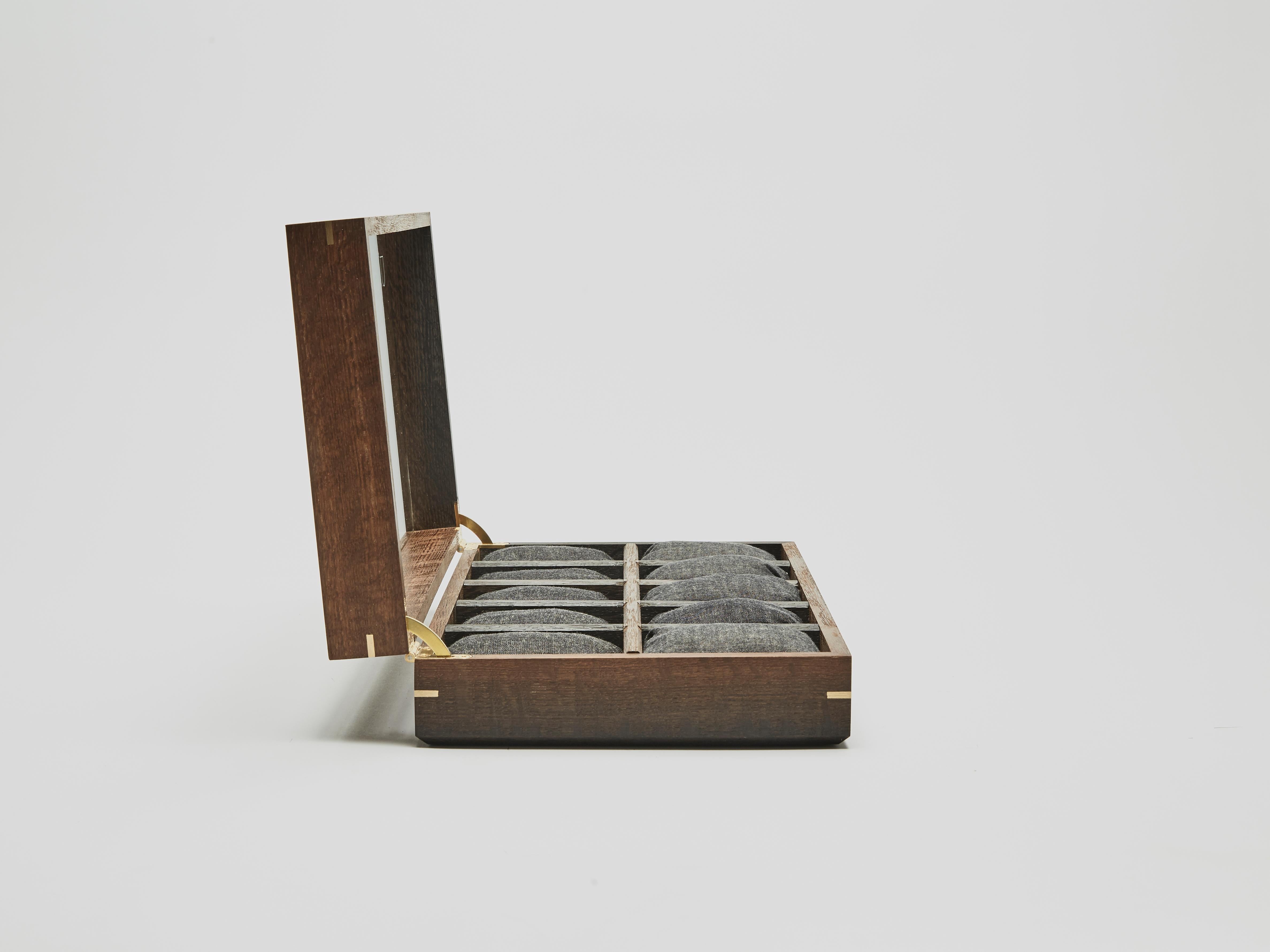 Ten Watch Box Made from 3000-5000 Year-Old Bog-Oak, Brass Jointing In New Condition For Sale In London, GB