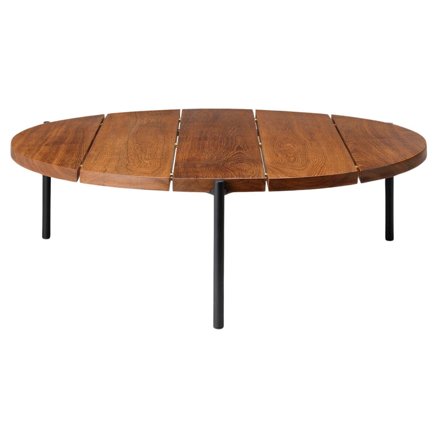 Ten10 Madeira Line Round Coffee Table Solid Plank Teak Top Stainless Steel Base  For Sale