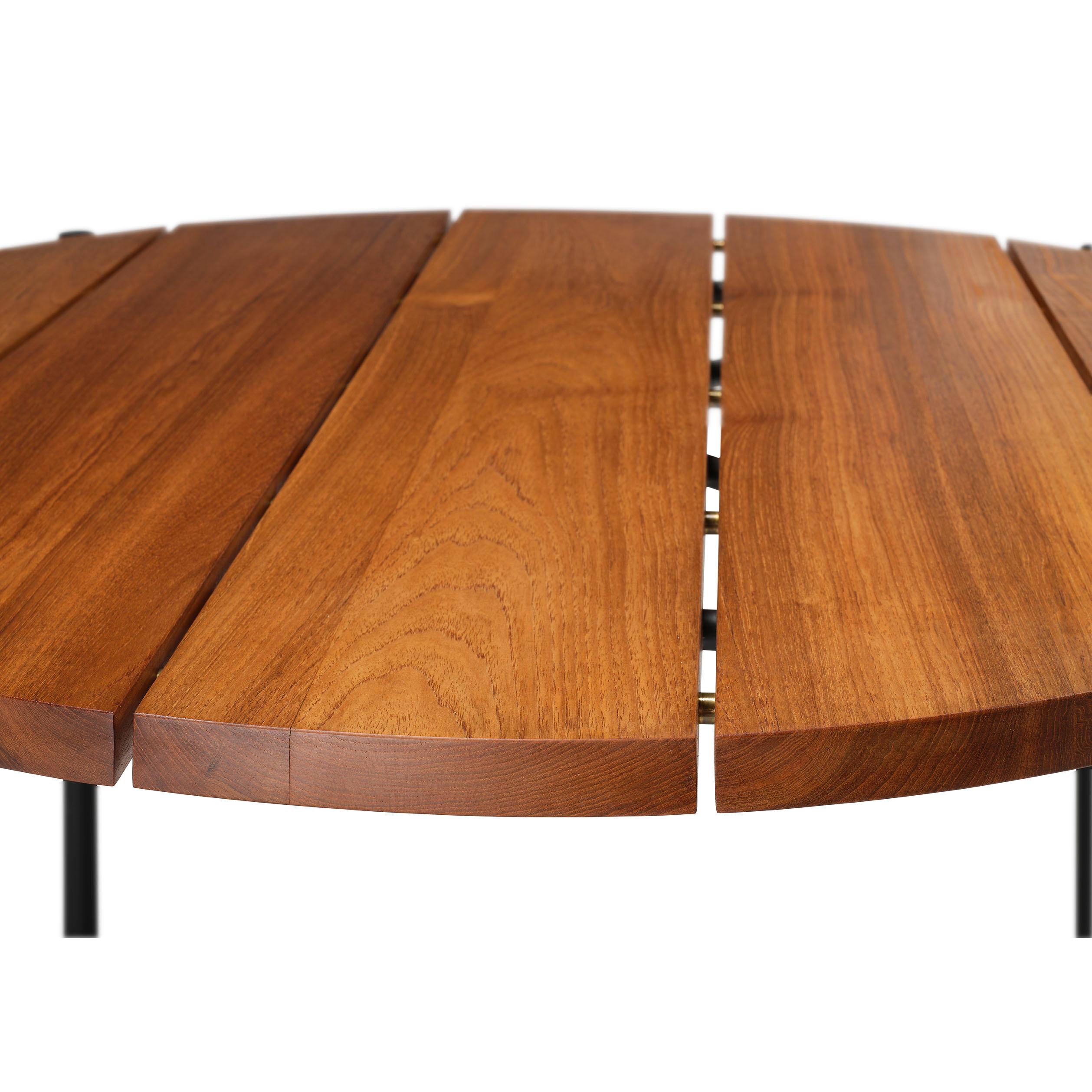Ten10 Madeira Mesa de comedor redonda Tablero macizo de teca Base de acero inoxidable 46 