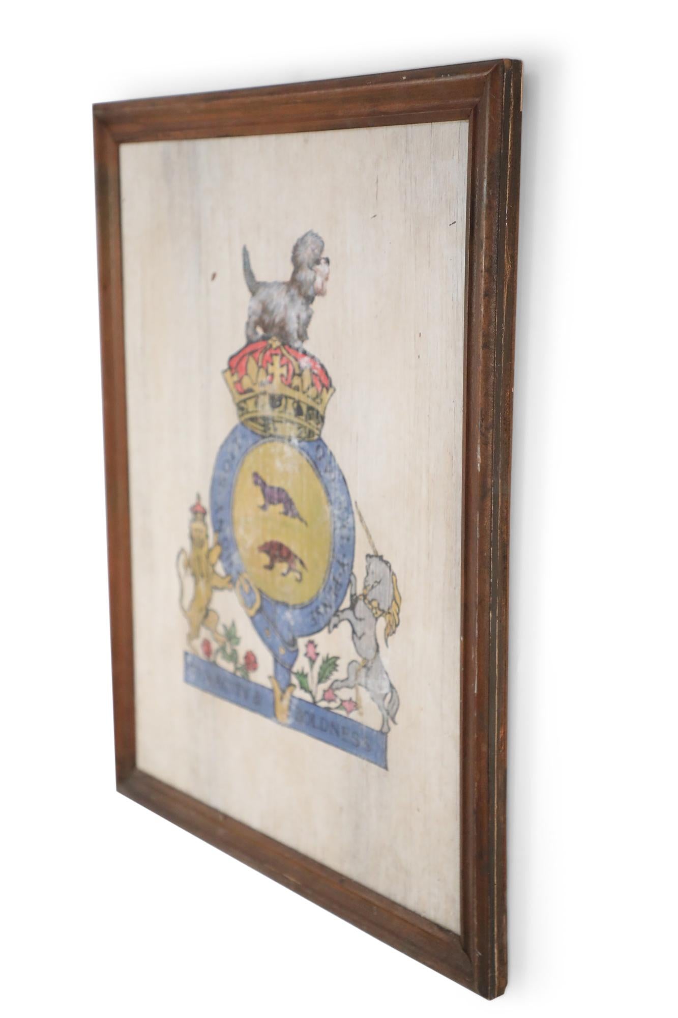 Vintage (20th Century) coat of arms, painted on weathered wood in a rectangular beveled walnut frame, depicting a small gray dog perched on a crown atop a blue and gold crest circling two animal silhouettes, and flanked by a lion and unicorn over