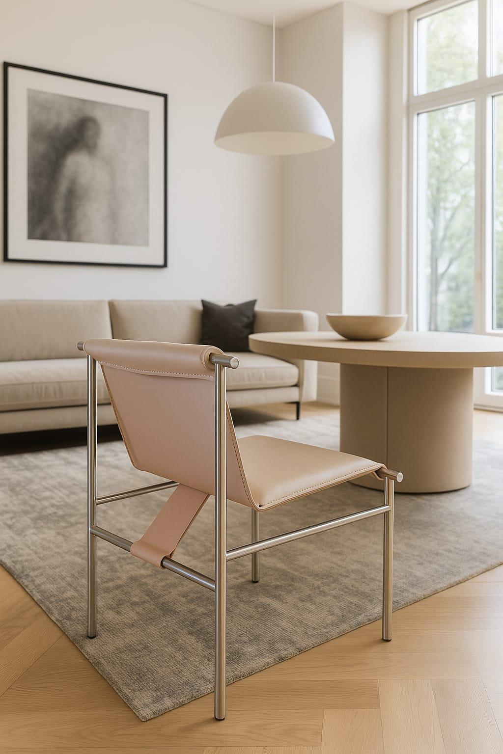 Tenda Stuhl, Tiago Curioni, Edelstahl oder Holz und Leder, zeitgenössischer Stuhl (Minimalistisch) im Angebot