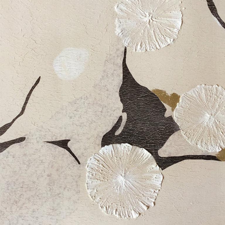 Italian Yellow and ivory oriental handmade hand painted wallpaper - Tender Flora For Sale