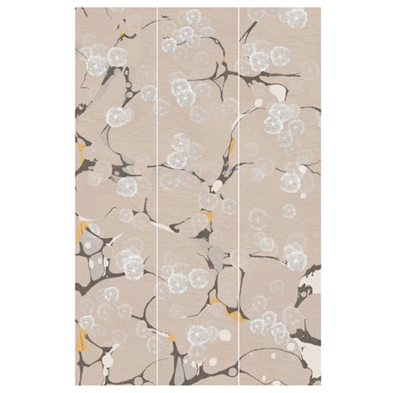 Yellow and ivory oriental handmade hand painted wallpaper - Tender Flora For Sale