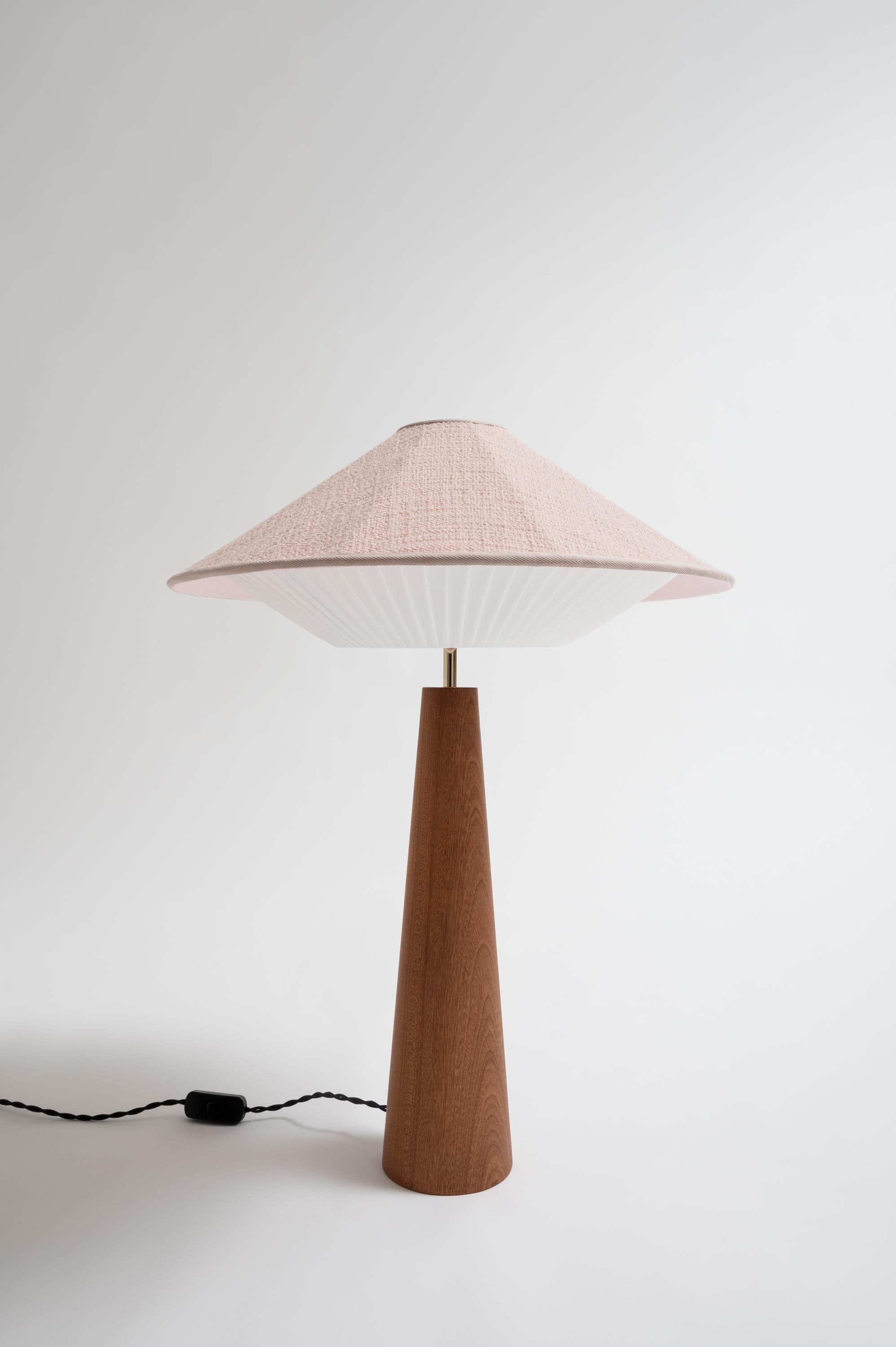 Tender Rose Otto Table Lamp by Servomuto
Dimensions: D 50 x H 67 cm
Materials: Upper Lampshade: Rubelli / Dedar fabric. Lower Lampshade: Pleated pongé bends. Structure: Mahogany base and brass-plated iron details.
Weight: 3 Kg. 

Derived from the