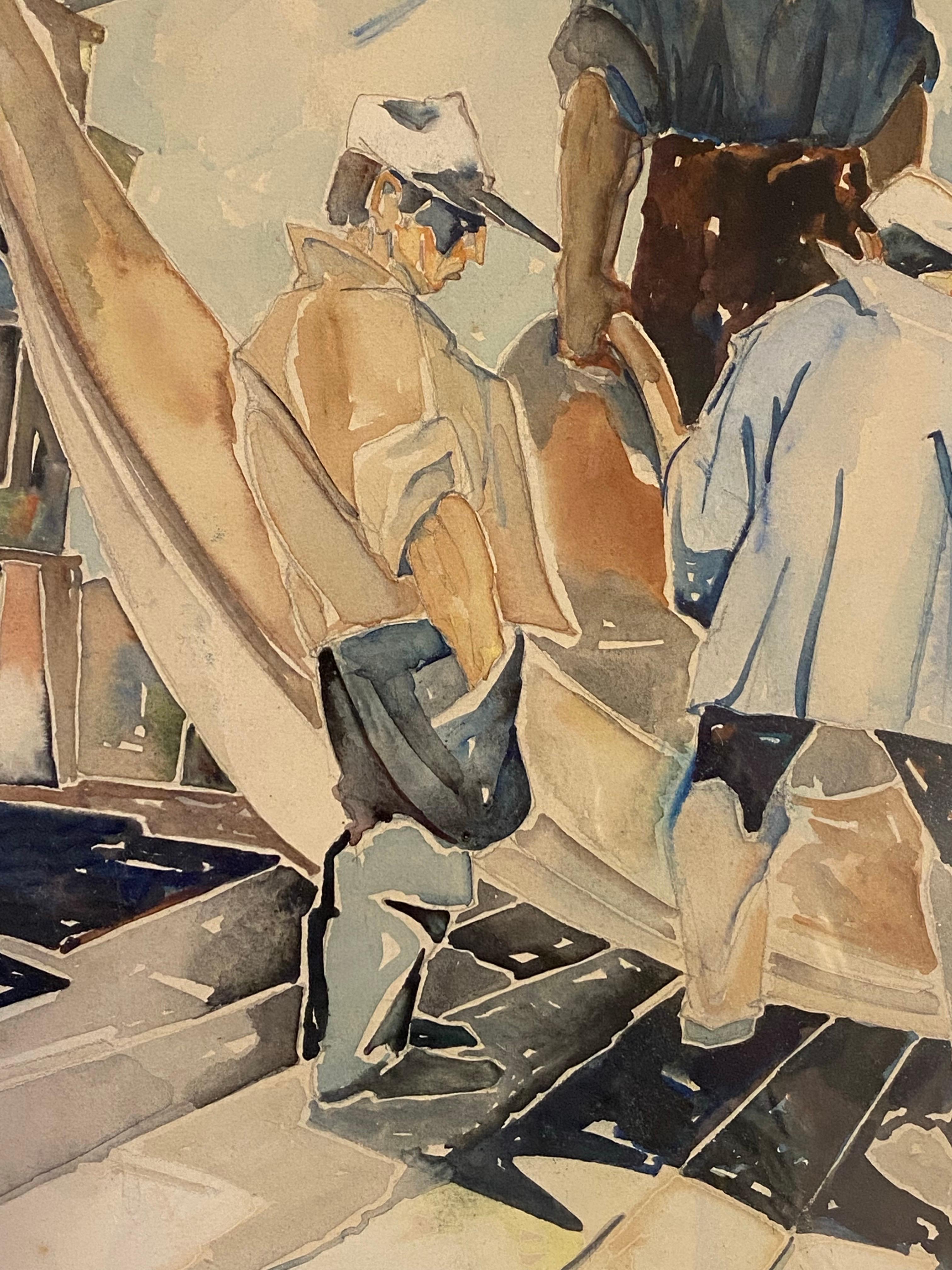 Tending the Nets a c1930 WPA era watercolor by Sculptor and Painter Albert Wein. im Zustand „Gut“ im Angebot in Southampton, NJ